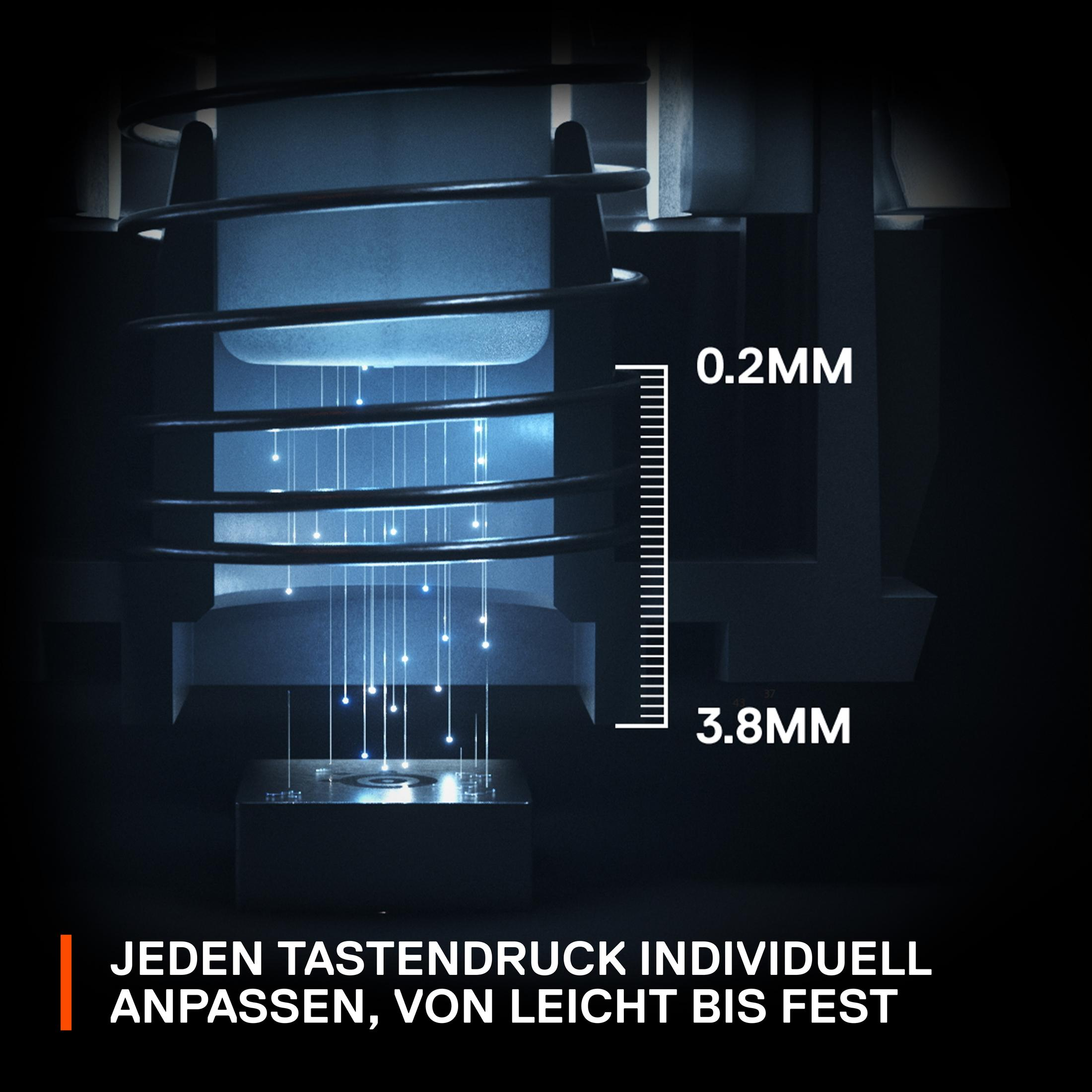 Nahaufnahme eines schwarzen Mechanismus mit Federn, hervorhebung der Maße 0,2mm und 3,8mm.