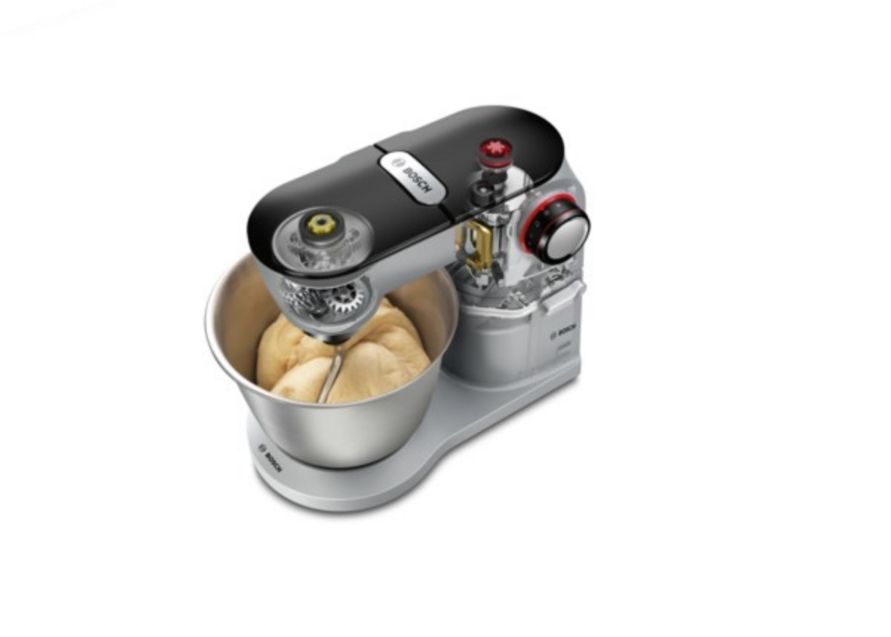 Schwarzer Küchenmixer mit Teig. Bosch-Logo sichtbar. Teile sind transparent.