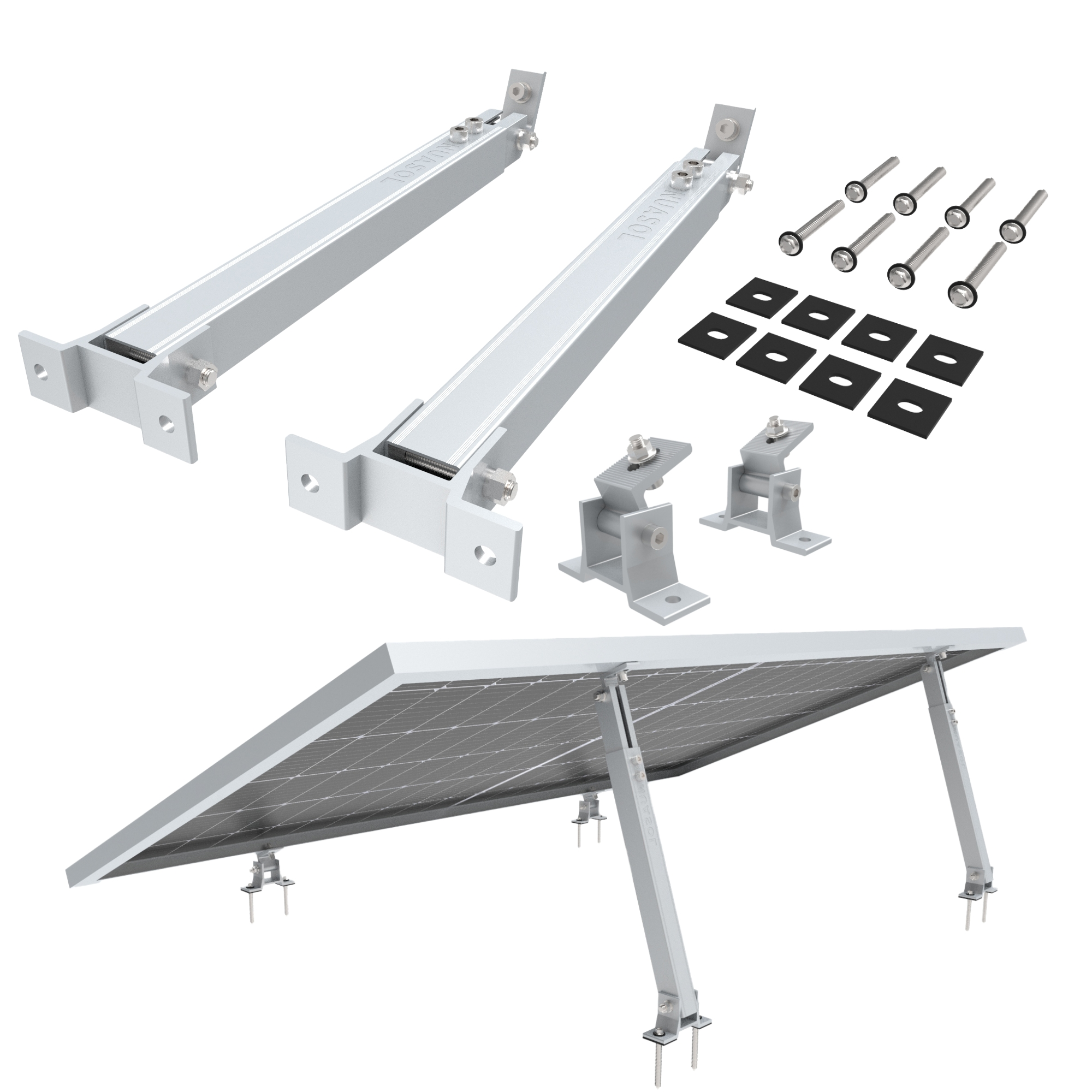 Ein Solarpanel-Installationskit. Silberne Metallhalterungen, Bolzen und Solarmodule sind sichtbar.