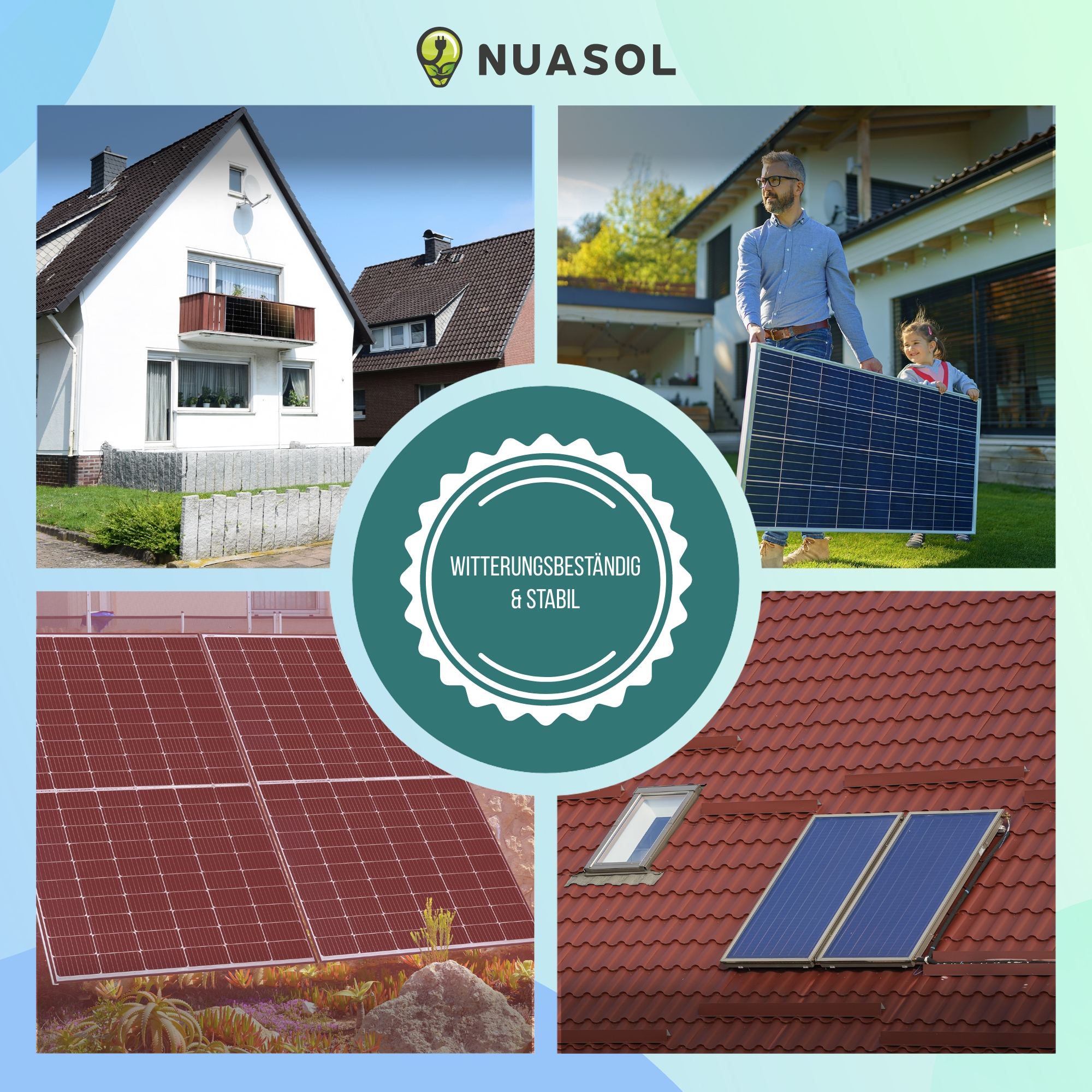 Bild zeigt Solarmodule, Häuser und einen Mann mit einem Mädchen, das ein Solarmodul hält.