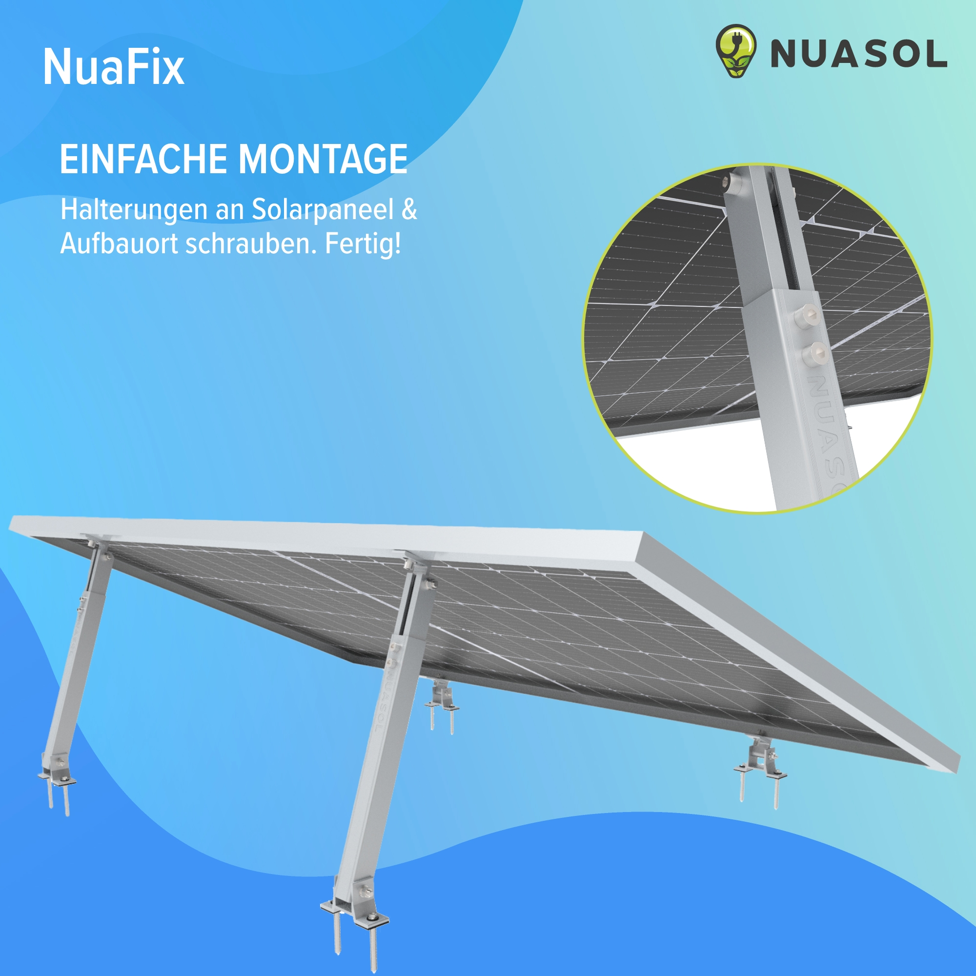 Solarpanel-Installation mit Text und Diagramm. Der Hintergrund ist blau.