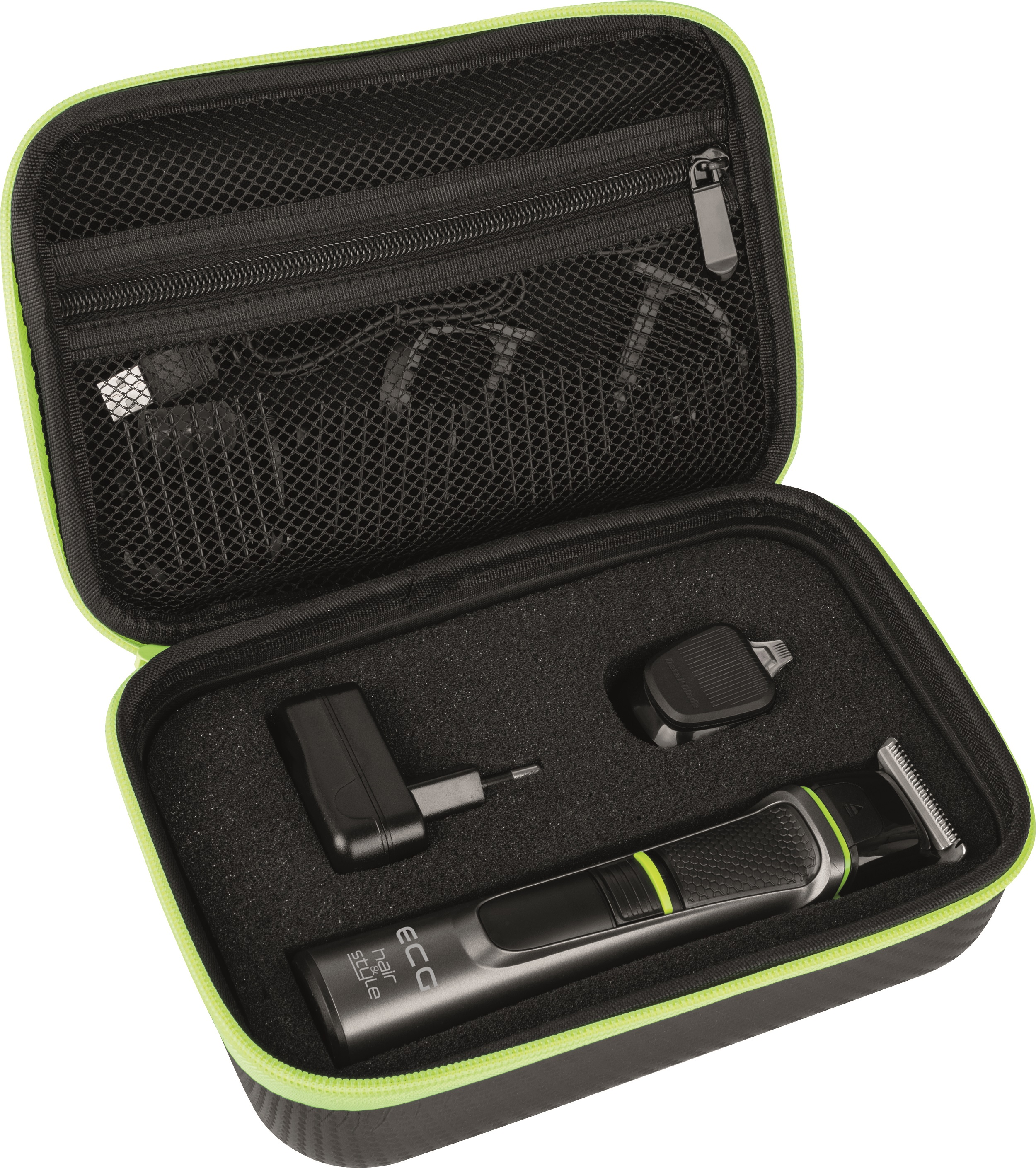Una custodia per kit di toelettatura nera e verde con vari accessori all'interno.