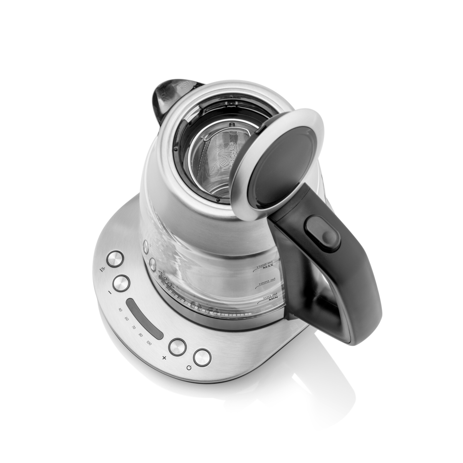 Bouilloire électrique en acier inoxydable avec le couvercle ouvert, montrant l'intérieur et une poignée noire.