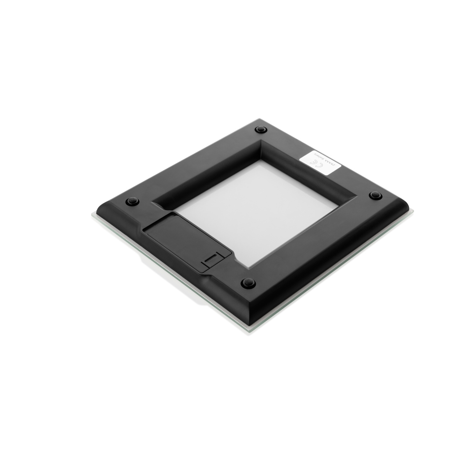 Schwarzes, quadratisches Leuchtpaneel mit schwarzem Rand und vier Schrauben. Weißes Licht.