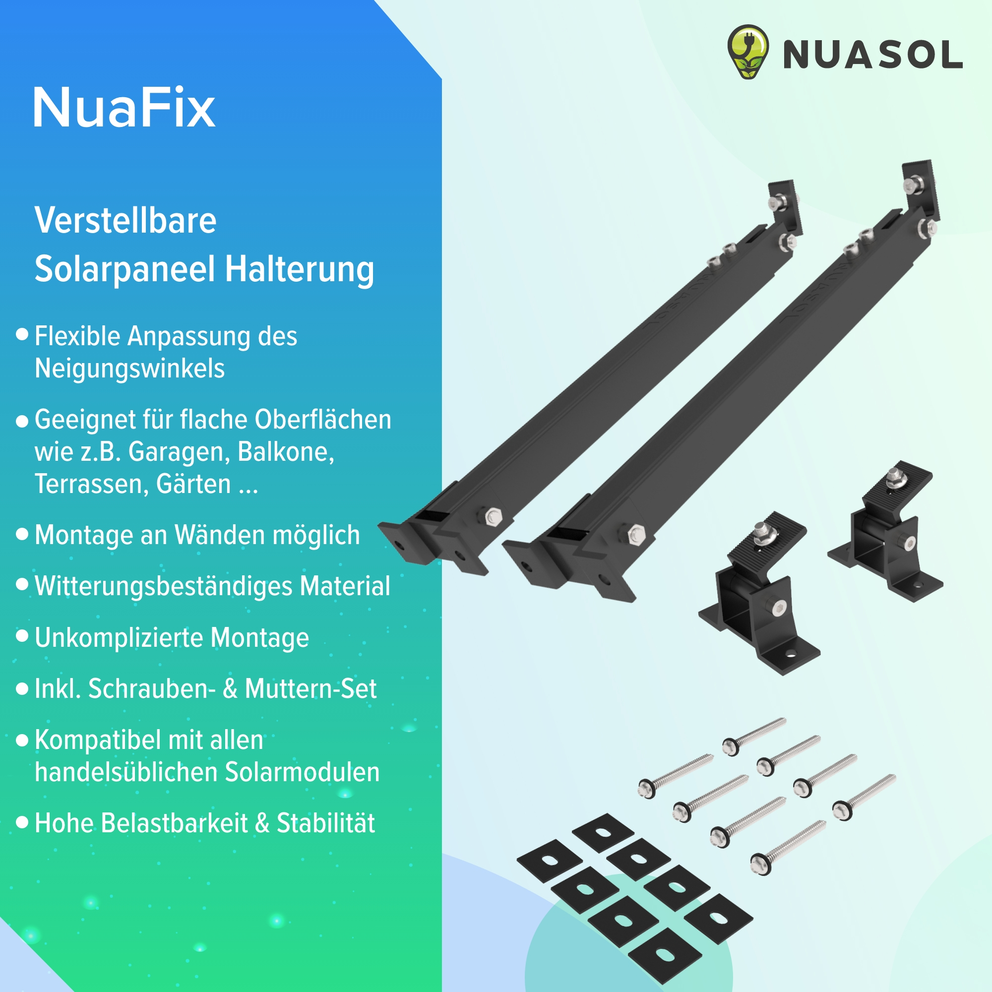 Ein Solarmodul-Montagesatz mit schwarzen Halterungen, Schrauben und einem NuaFix-Logo.