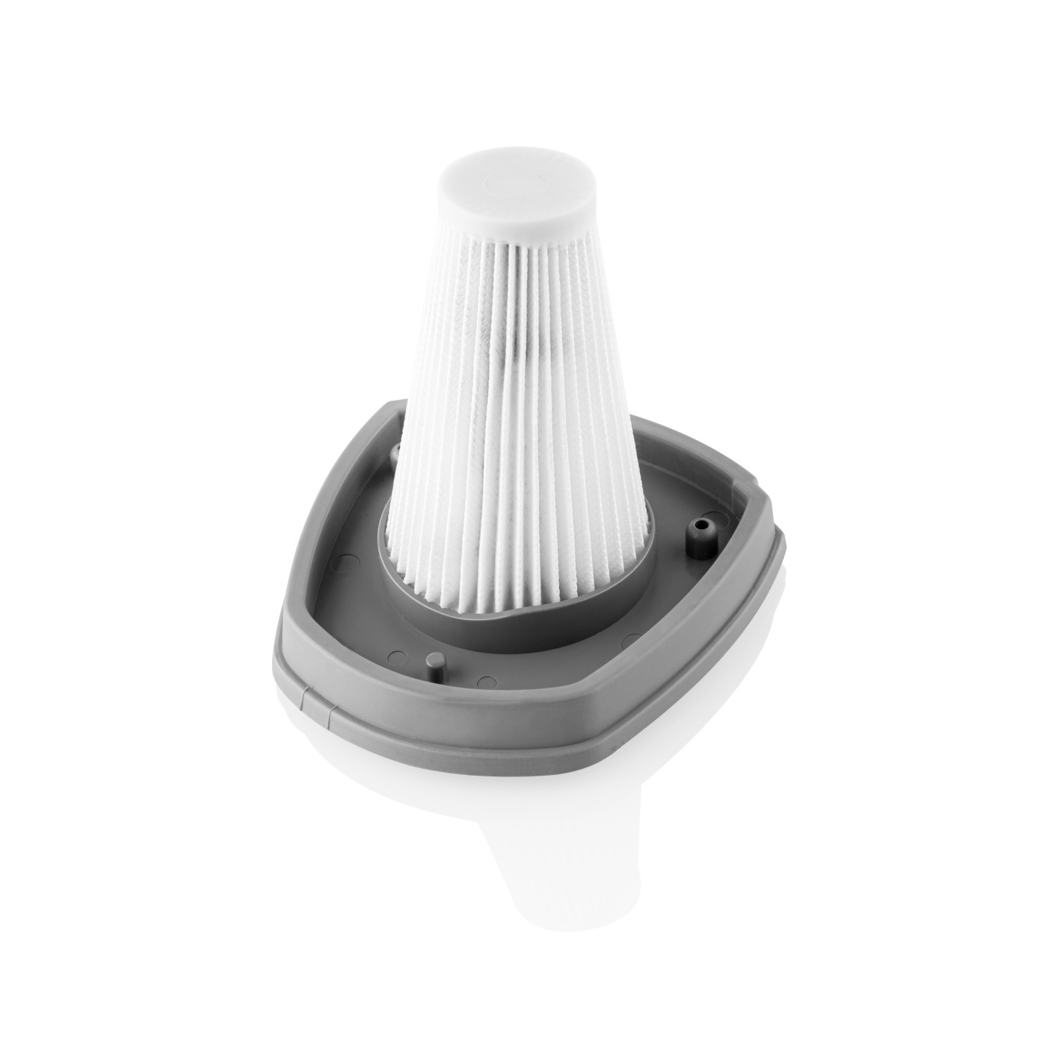 Staubsaugerfilter, konisch mit gefaltetem Filtermaterial, in grauem Rahmen.