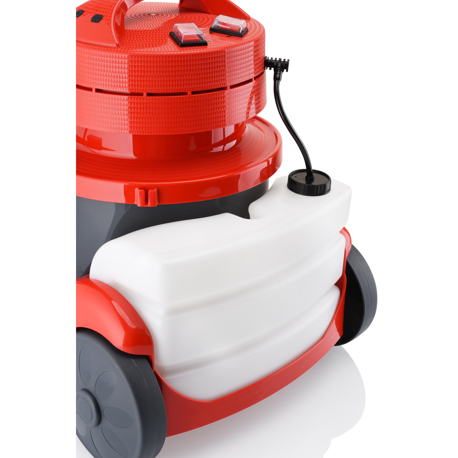 Czerwono-szary odkurzacz na mokro i sucho z białym zbiornikiem na wodę i dwoma przyciskami na górze.