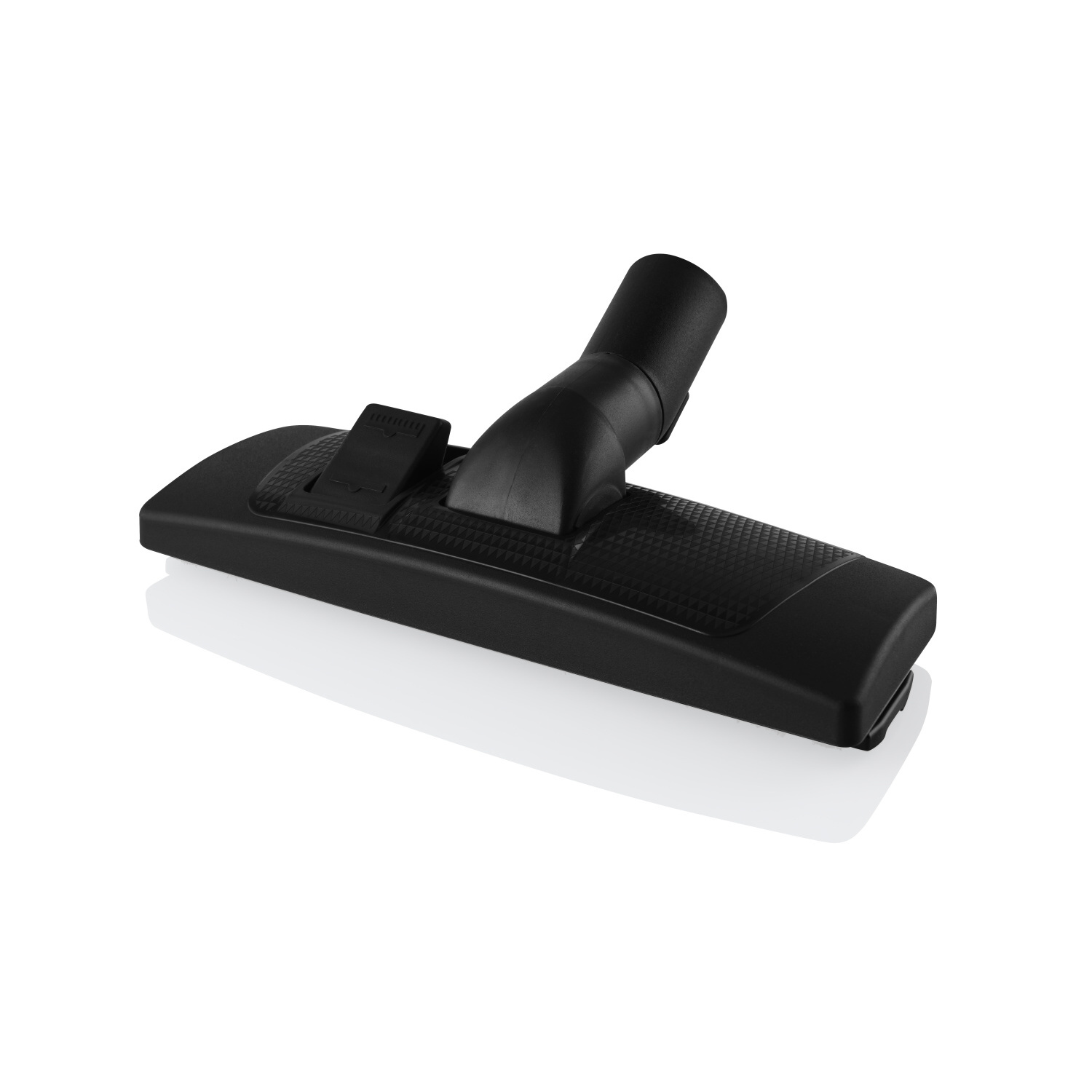 Czarna głowica odkurzacza na białej powierzchni. Głowica ma kształt prostokątny z zakrzywioną dyszą.