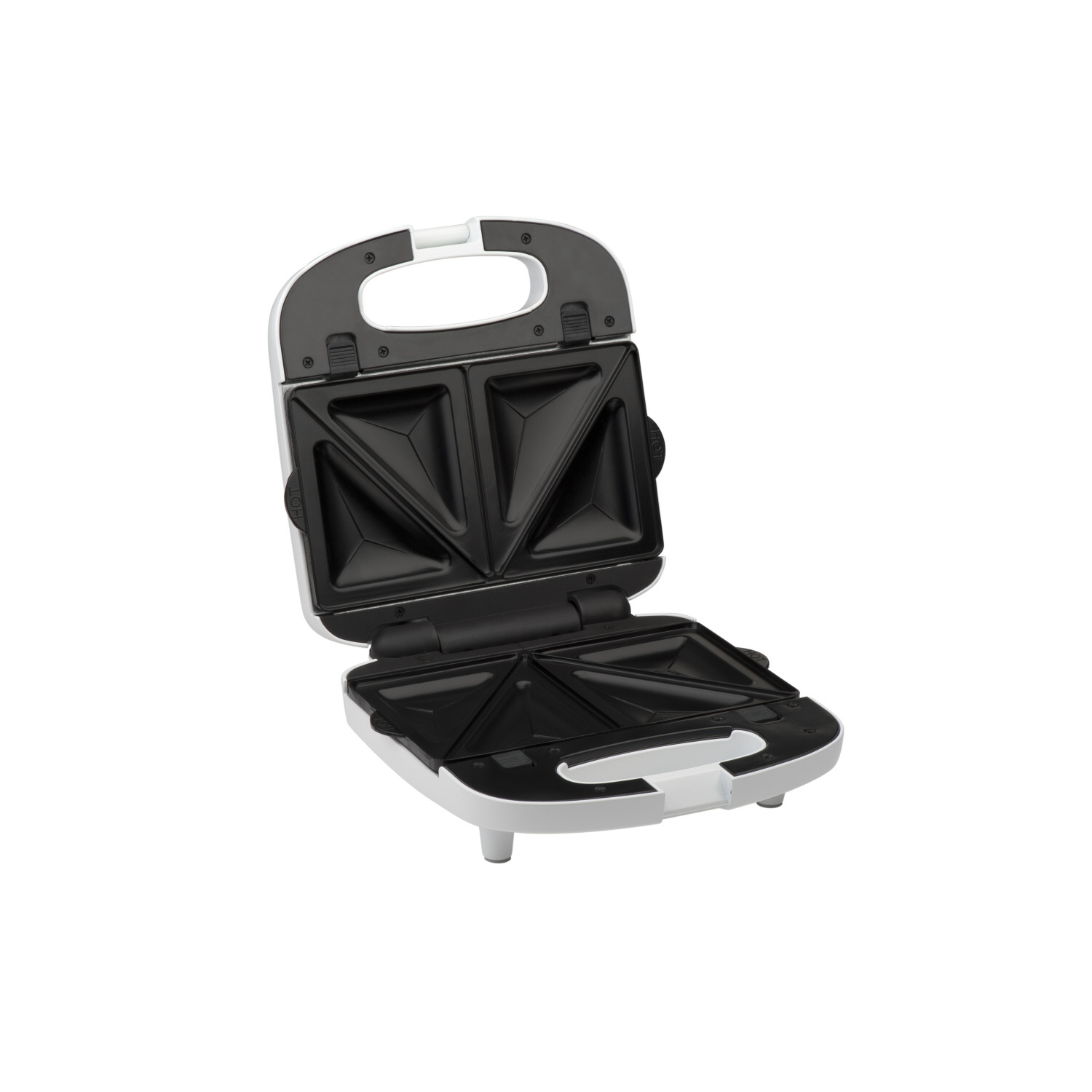 Weißer Sandwichmaker geöffnet, zeigt die Kochplatten.