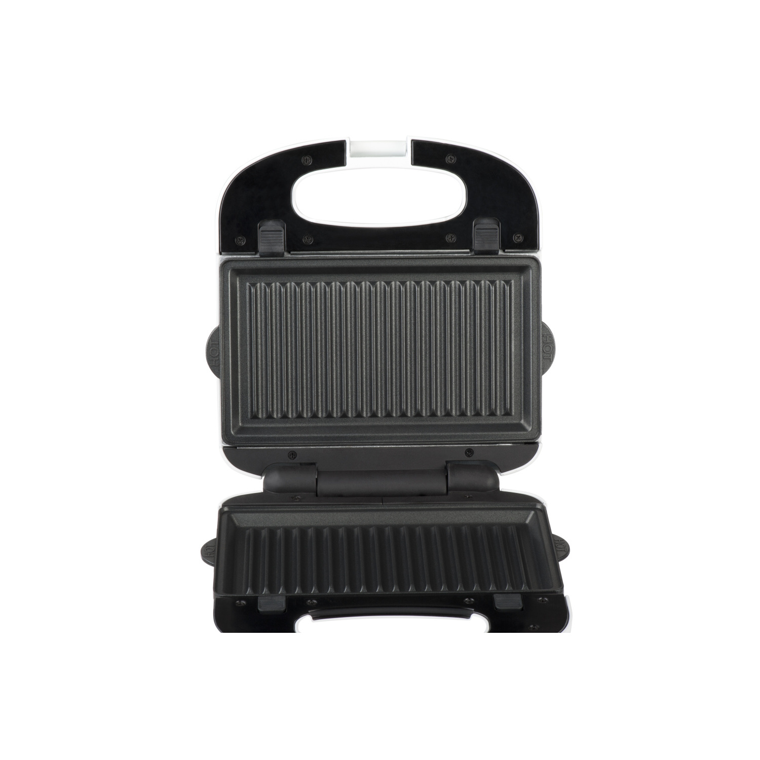 Draufsicht auf einen geöffneten, schwarz-weißen Sandwich-Toaster.