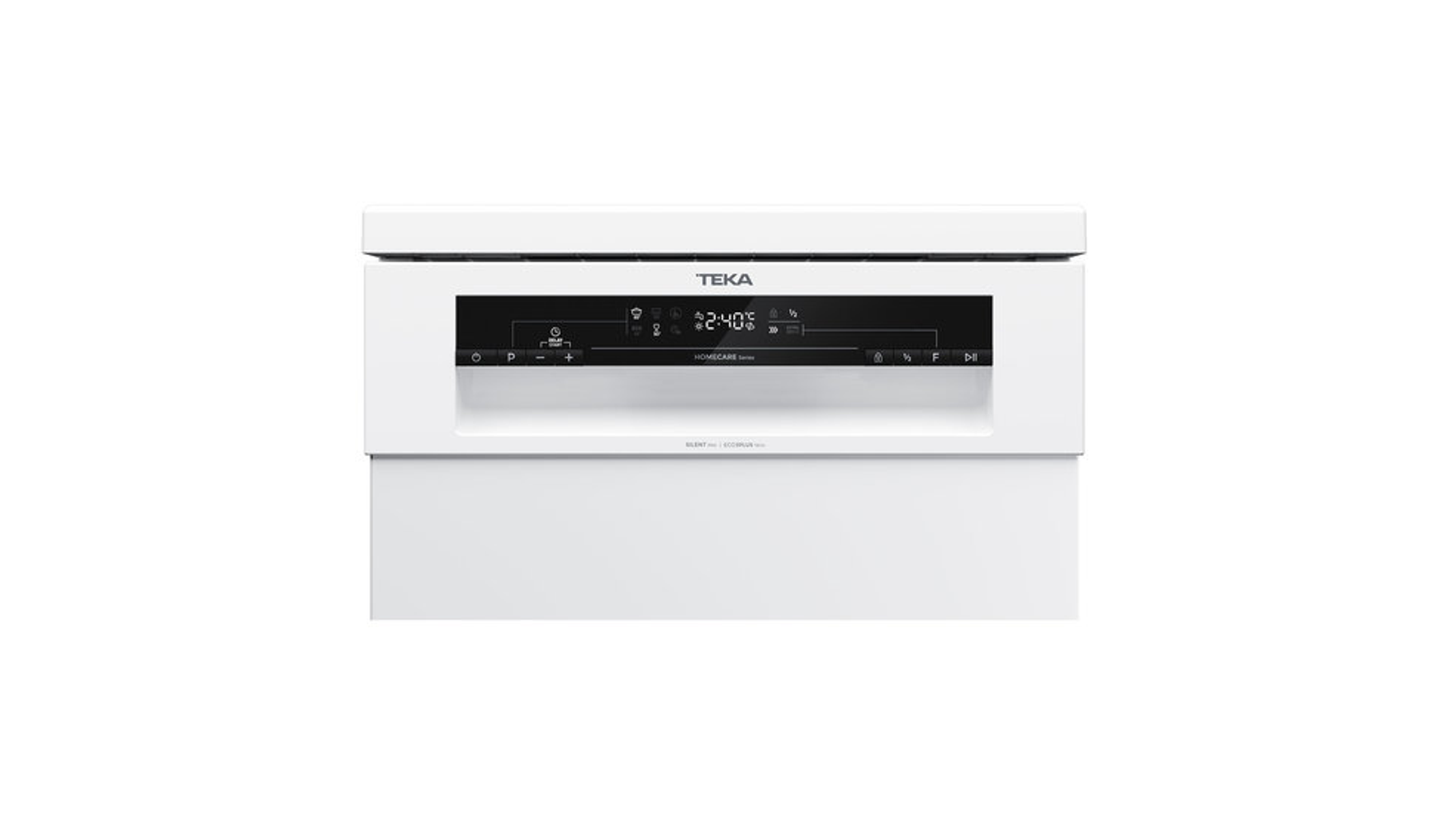 Biały panel sterowania zmywarki Teka na białym tle, pokazujący wyświetlacz cyfrowy i przyciski.