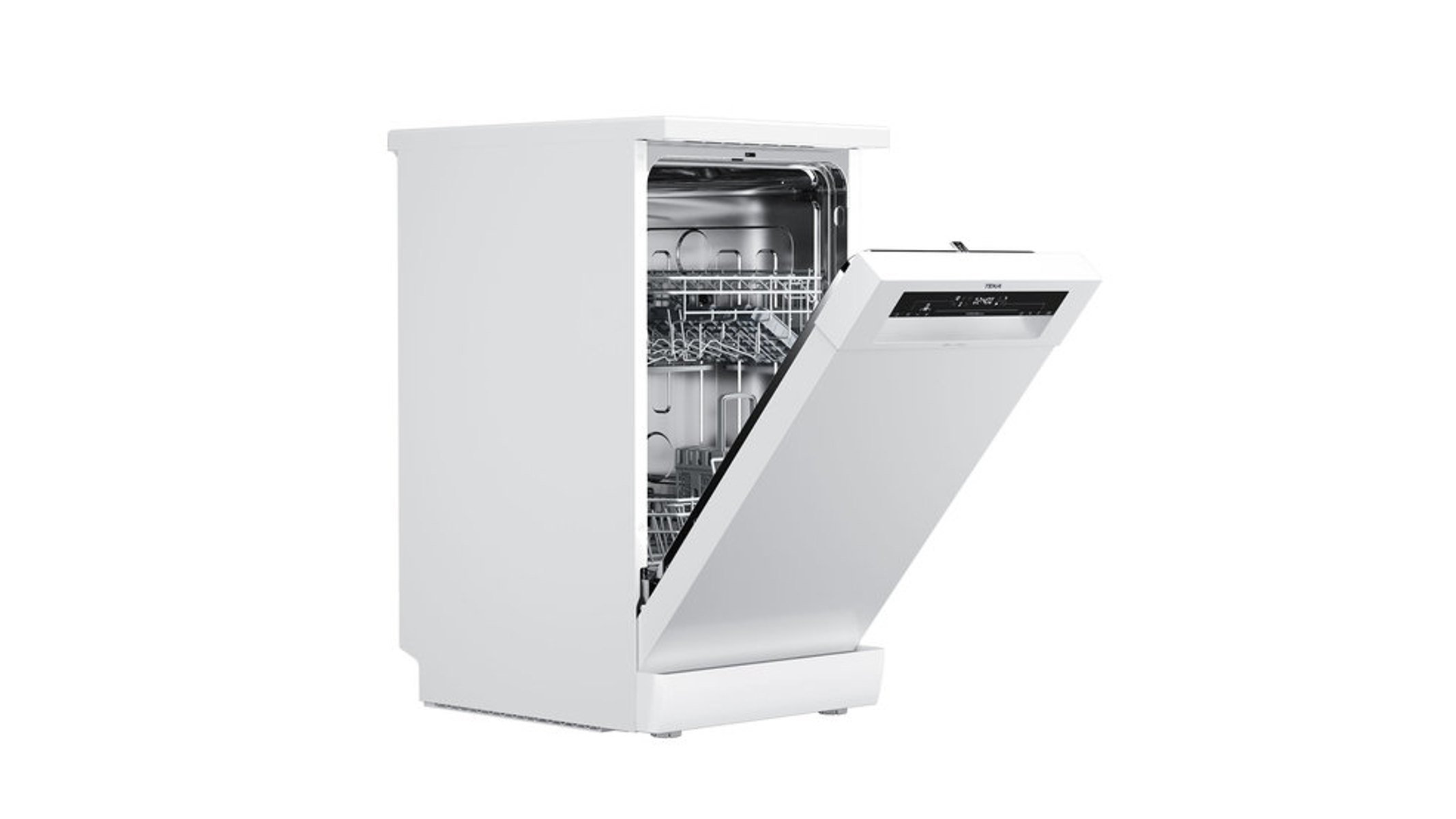 Biała zmywarka z uchylonymi drzwiami, ukazująca wewnętrzne półki.