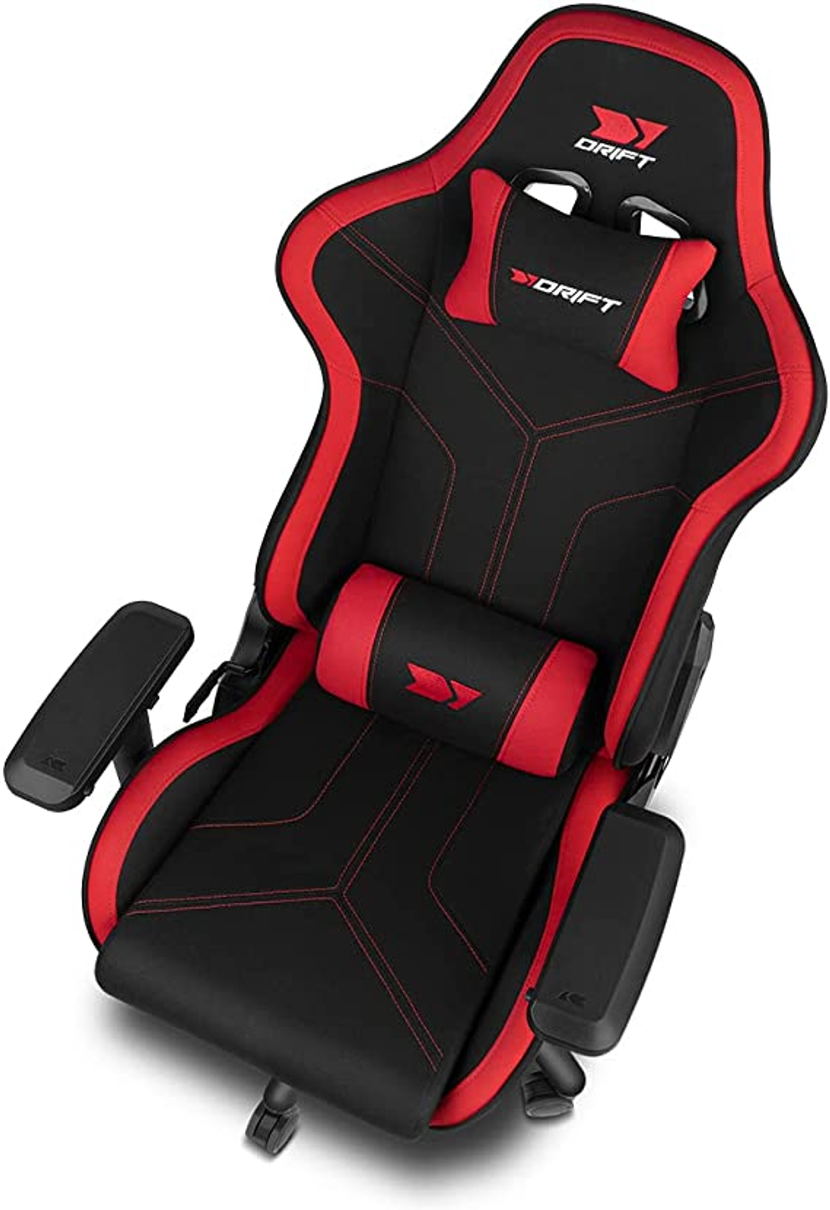 Sedia da gaming nera e rossa. Logo Drift su poggiatesta e schienale. Braccioli visibili.