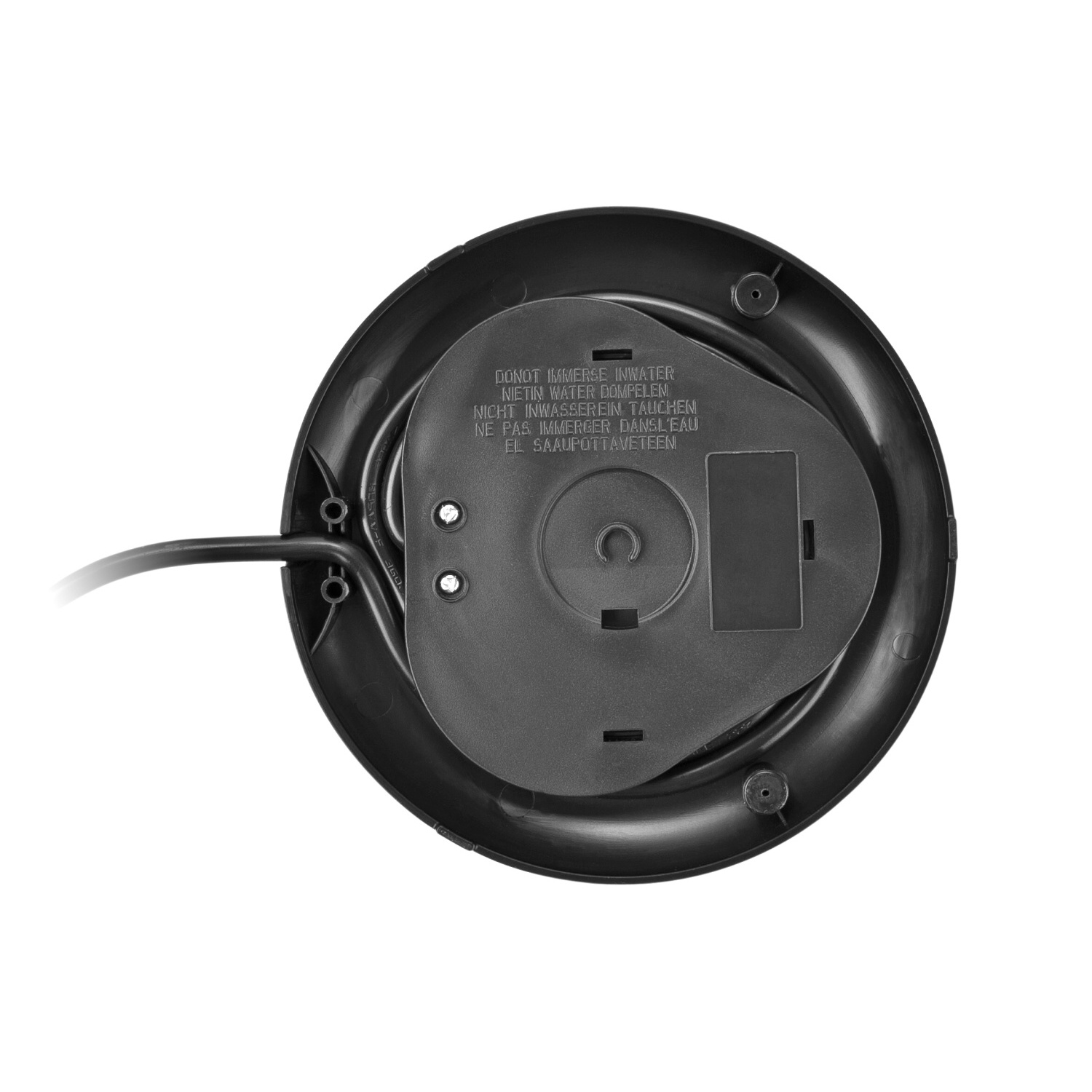 Der Boden eines schwarzen Wasserkochers mit Warnhinweisen und einem schwarzen Netzkabel.