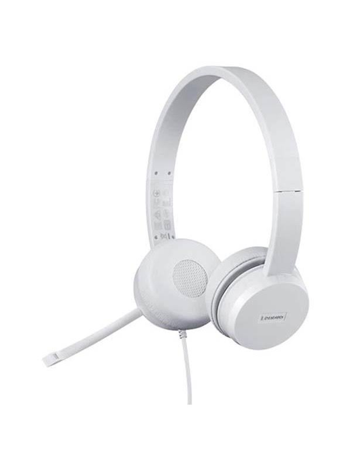 Biały zestaw słuchawkowy Lenovo z mikrofonem wychodzącym z lewej słuchawki. Prosty design, na białym tle.