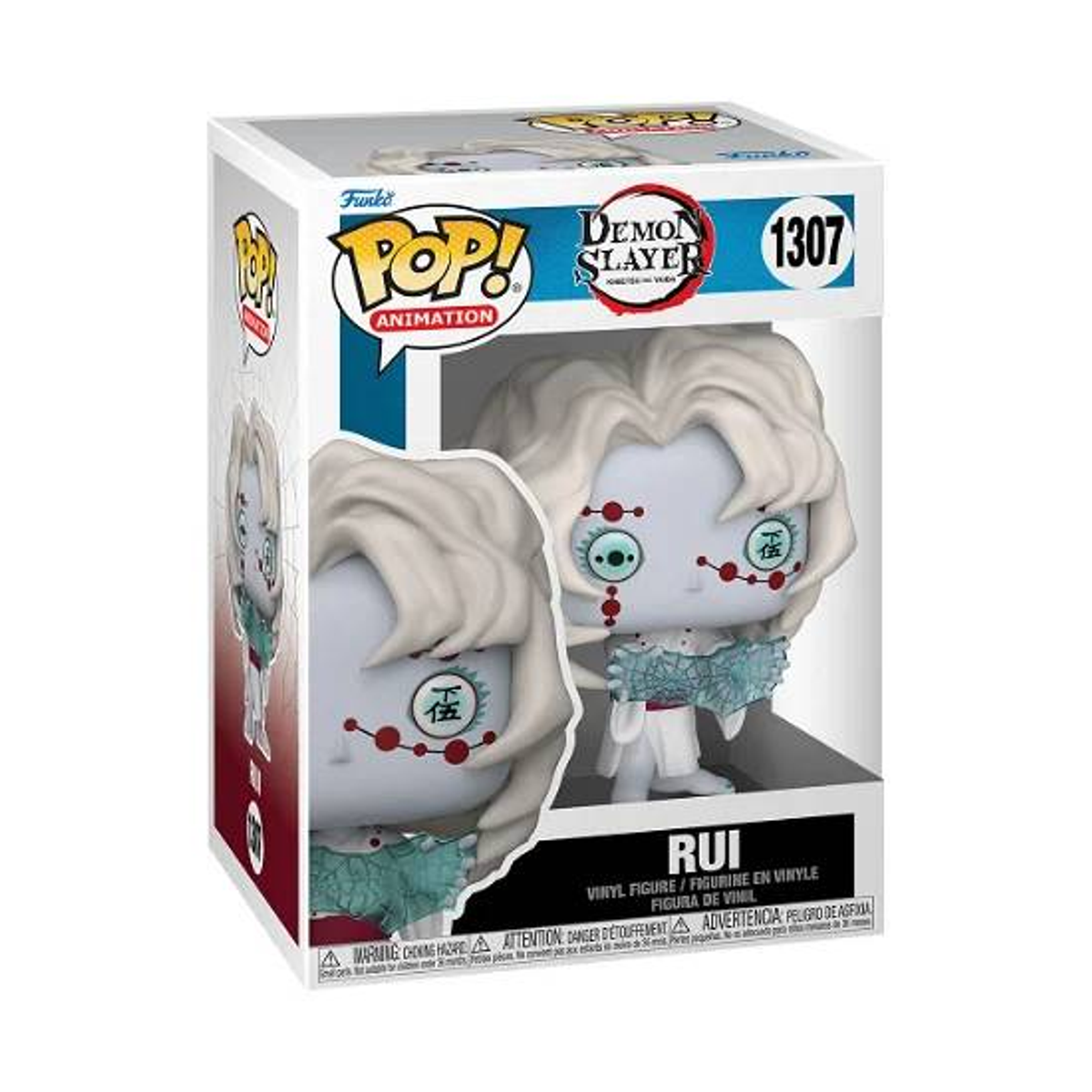 Eine Demon Slayer Rui Figur in einer Box. Die Figur hat weiße Haare und befindet sich in einer durchsichtigen Box.