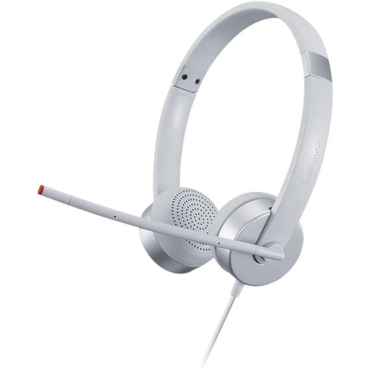 Biały zestaw słuchawkowy Lenovo z mikrofonem. Zestaw na białym tle.