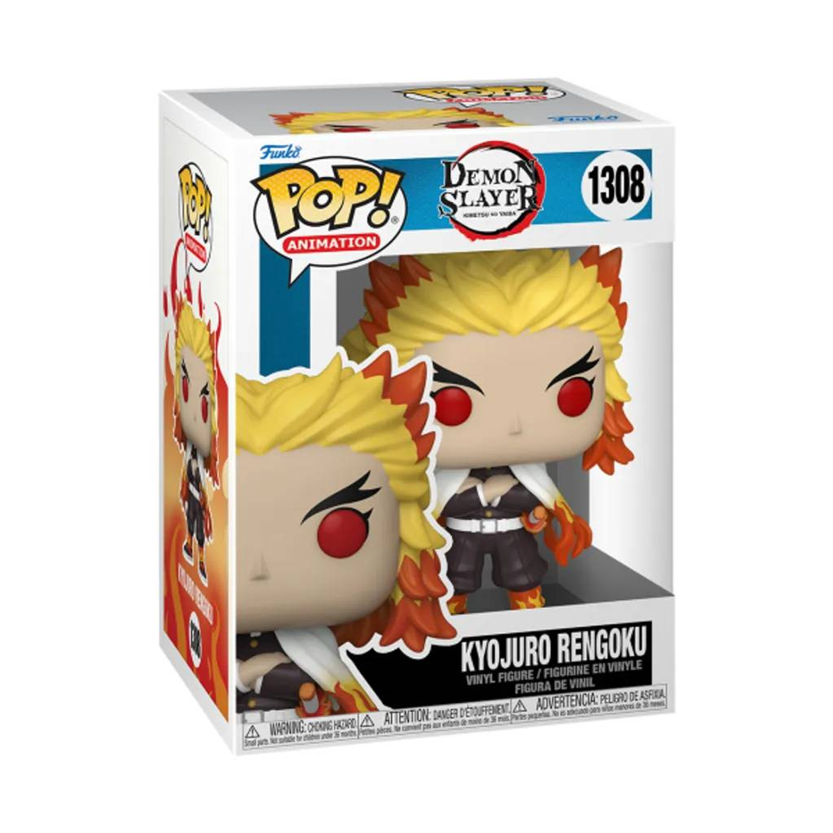 Figura Funko Pop! del personaje Demon Slayer Kyojuro Rengoku, en caja con gráficos de fuego.