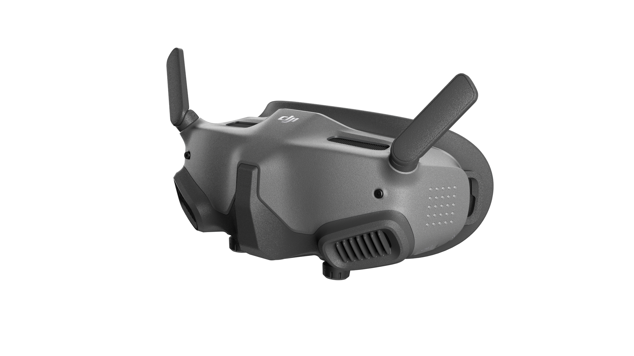 Gafas DJI FPV, color gris. Las gafas tienen antenas y una diadema, sobre un fondo negro.