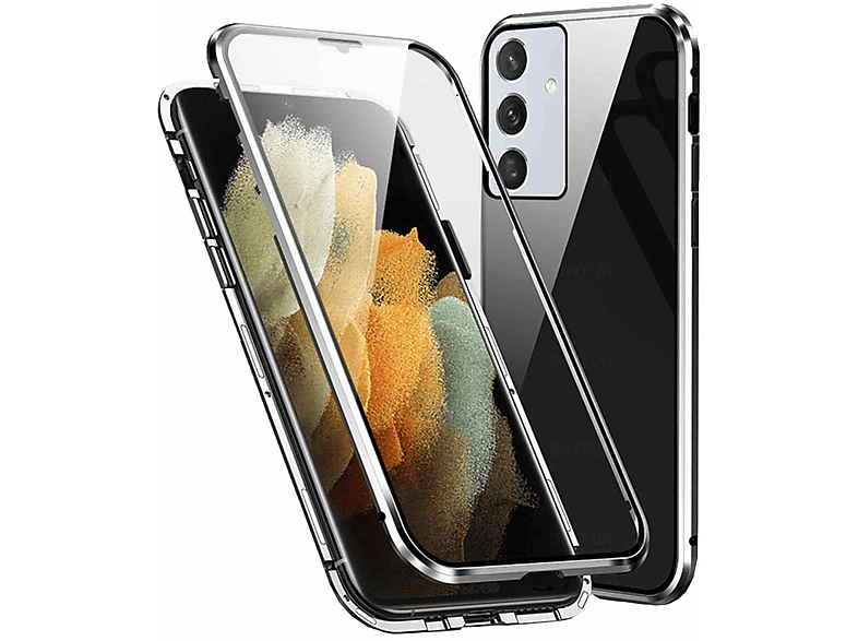 WIGENTO Beidseitiger 360 Grad Magnet Glas Metall Hülle, Full Cover, Samsung, Galaxy A54 5G, Silber / Transparent