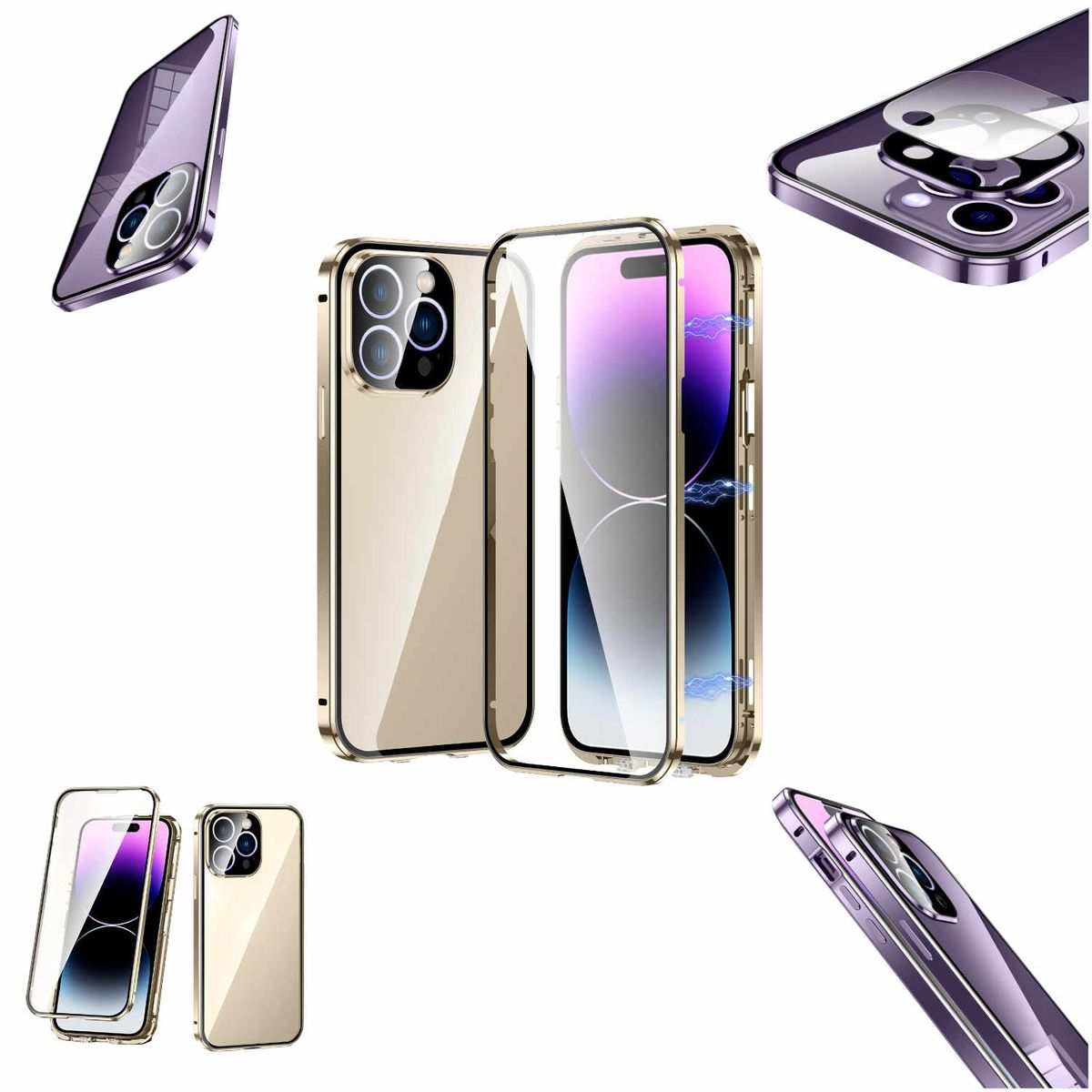 iPhone Full / 360 Schutz, Max, Apple, Cover, WIGENTO Glas Grad Magnet 14 Transparent Gold Pro
