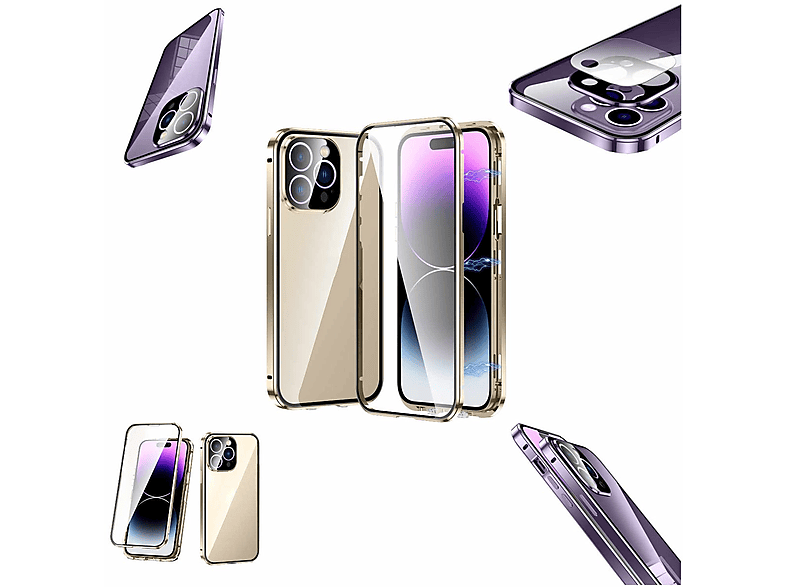Max, Apple, iPhone Schutz, 14 360 Glas Transparent Grad Gold WIGENTO Cover, Full / Magnet Pro