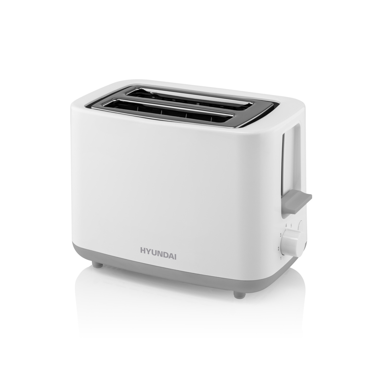 Ein weißer Hyundai Toaster mit grauem Sockel und Drehknopf. Es ist ein modernes, schlichtes Design.