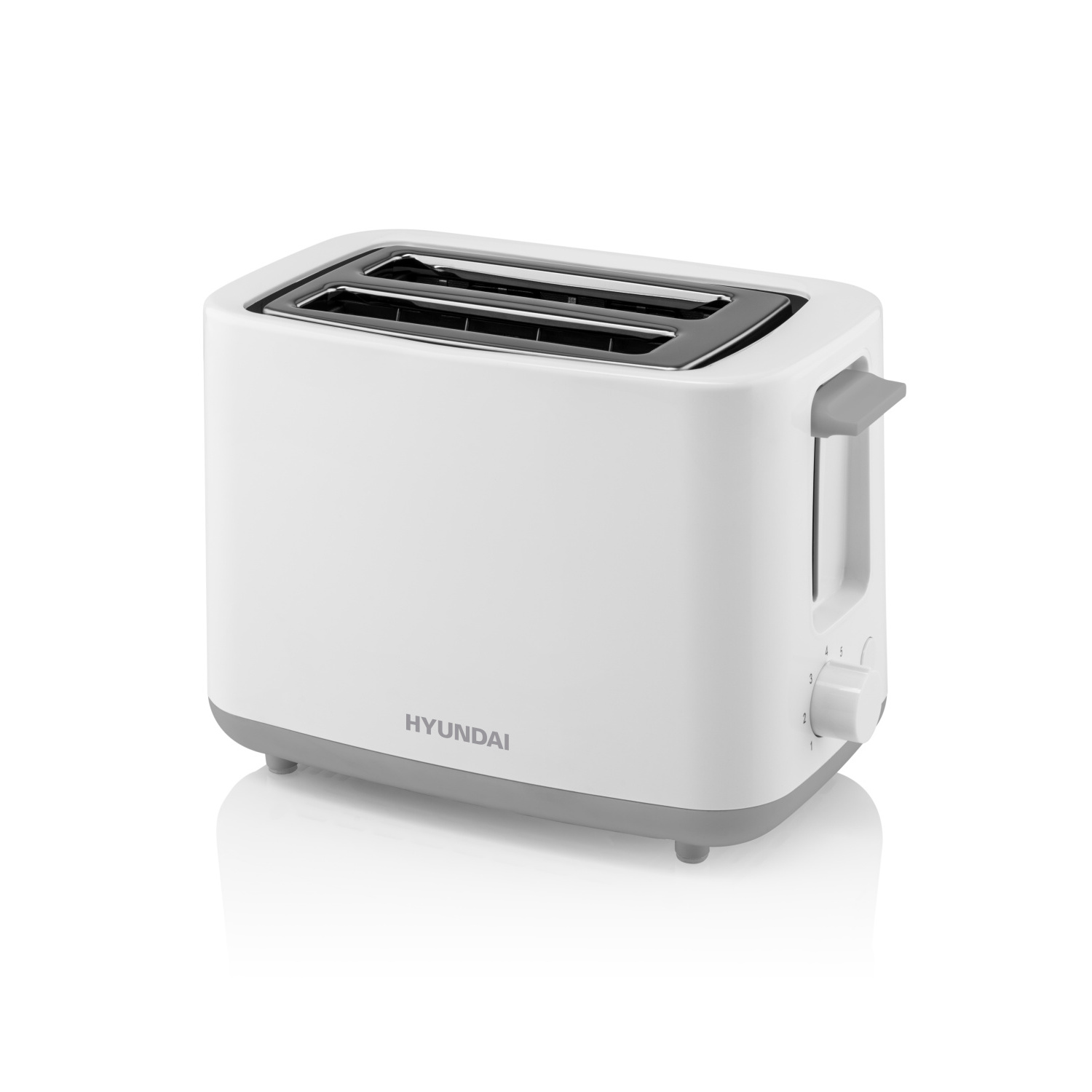 Weißer Hyundai Toaster mit grauen Akzenten auf weißer Oberfläche.