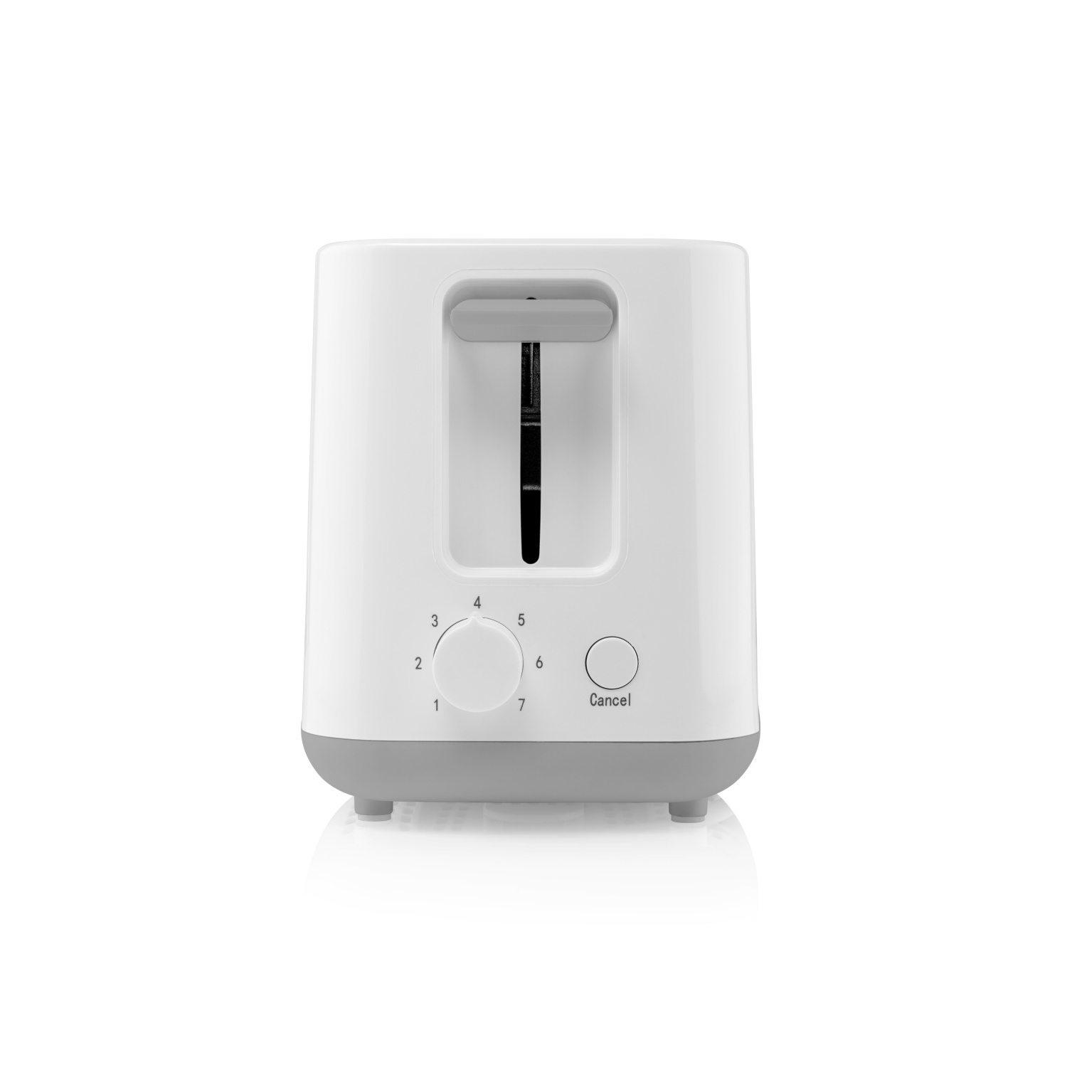 Ein weißer Toaster mit grauem Sockel, Hebel und Einstellungen von 1 bis 7 und Abbrechen.