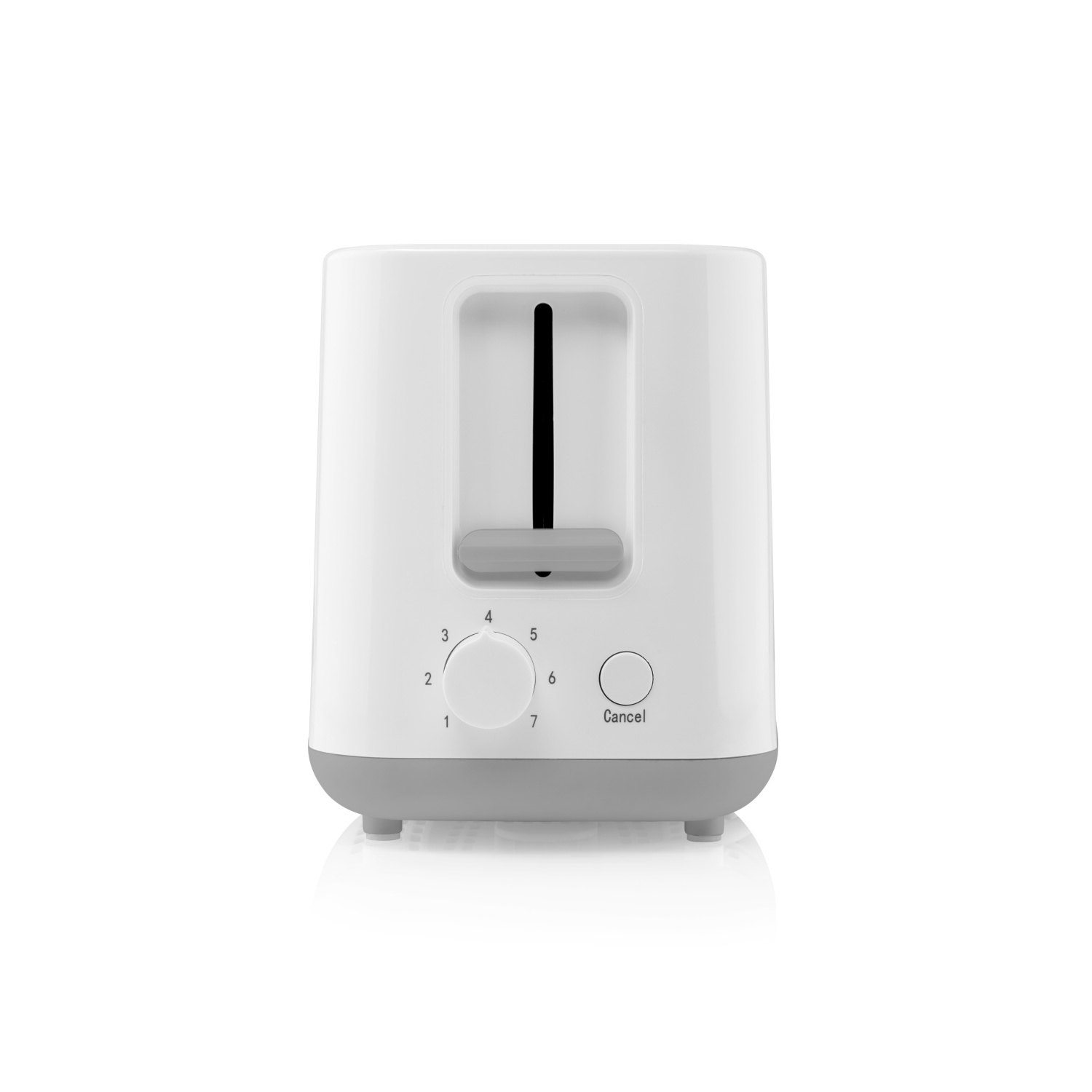 Weißer Toaster mit Einstellungen, grauer Basis. Weißer Hintergrund.