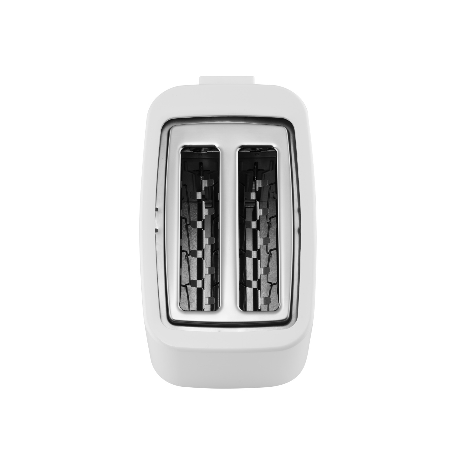 Weißer Toaster mit zwei Schlitzen. Draufsicht, Schlitze sind schwarz. Weißer Hintergrund.