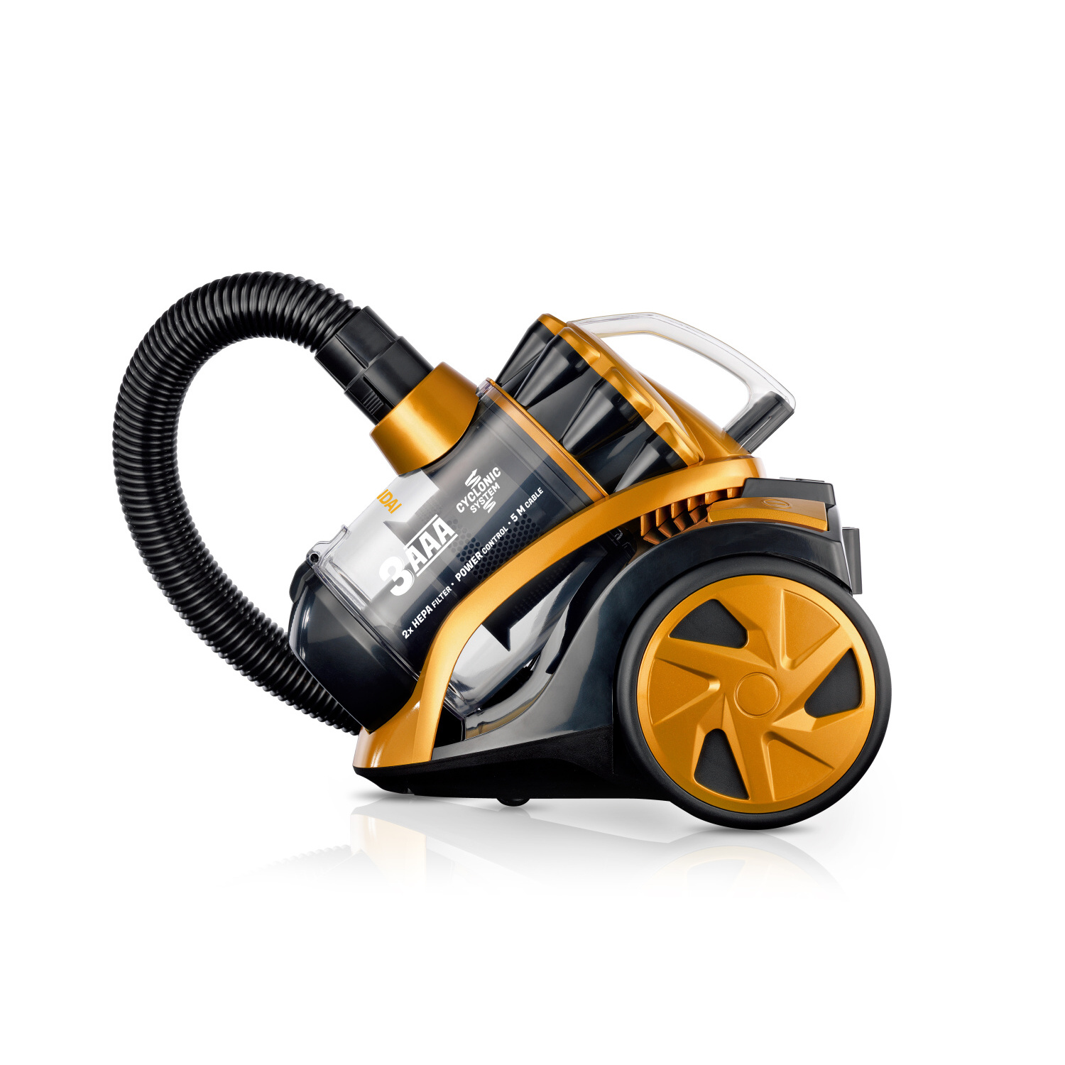 Złoty i czarny odkurzacz z zakrzywionym wężem. Ma przezroczysty pojemnik na kurz i kółka.