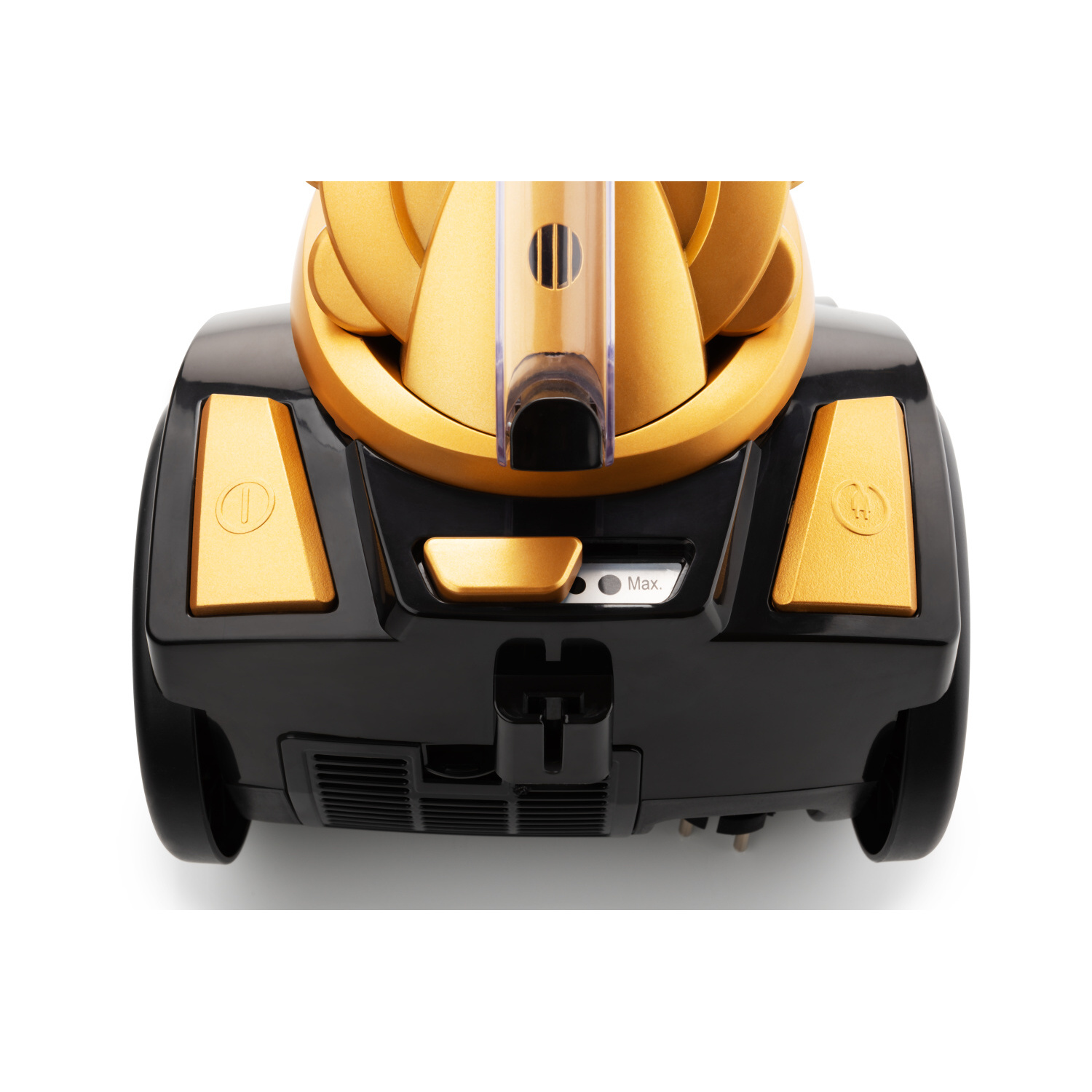 Zbliżenie na górną część czarno-złotego odkurzacza, pokazujące przyciski i przezroczysty fragment.