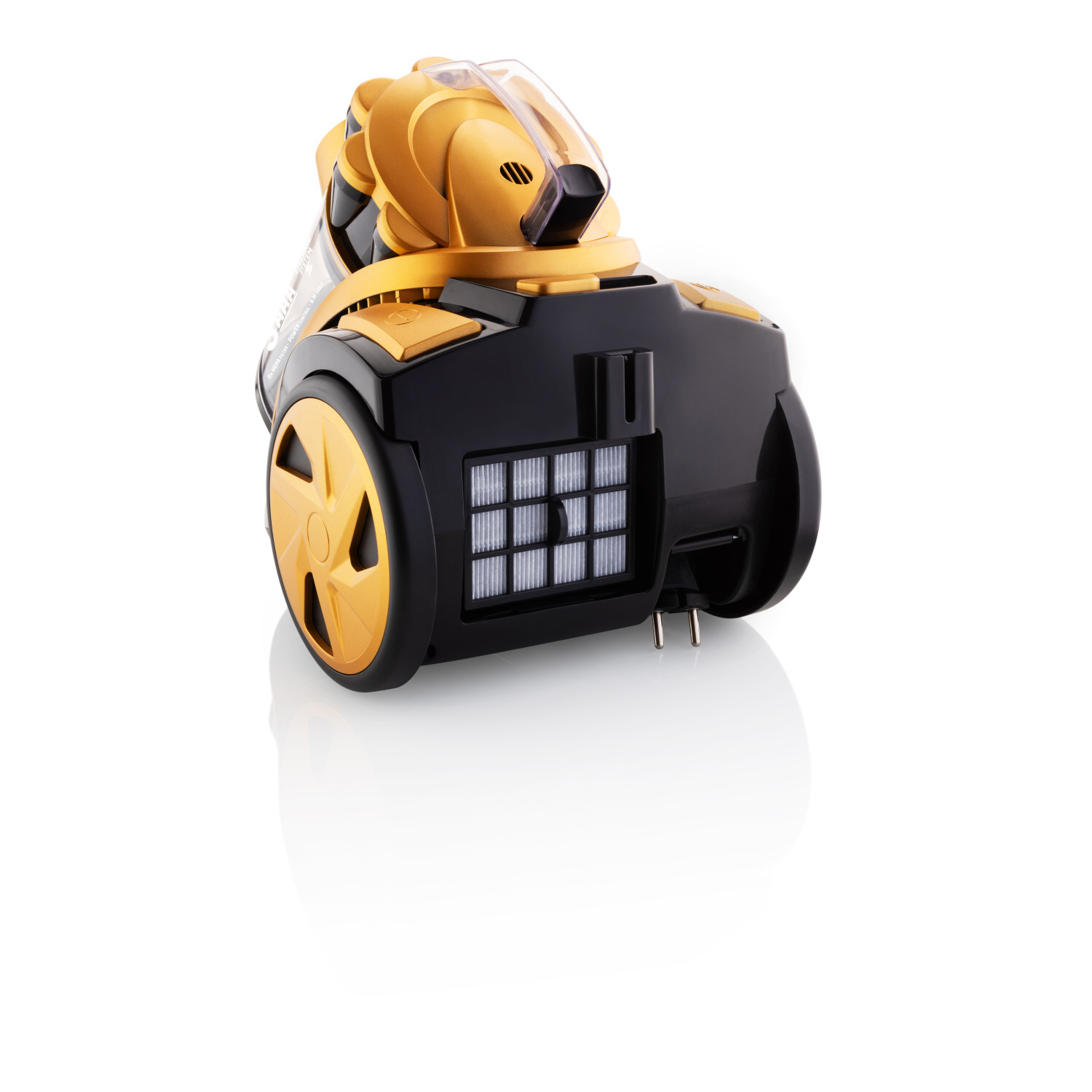 Żółto-czarny odkurzacz, widok z tyłu. Widoczne koła i komora filtra. Białe tło.