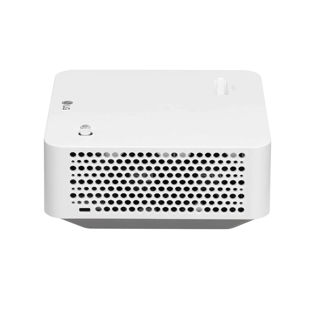 Biały projektor z otworami wentylacyjnymi, przyciskiem zasilania i logo LG z boku.