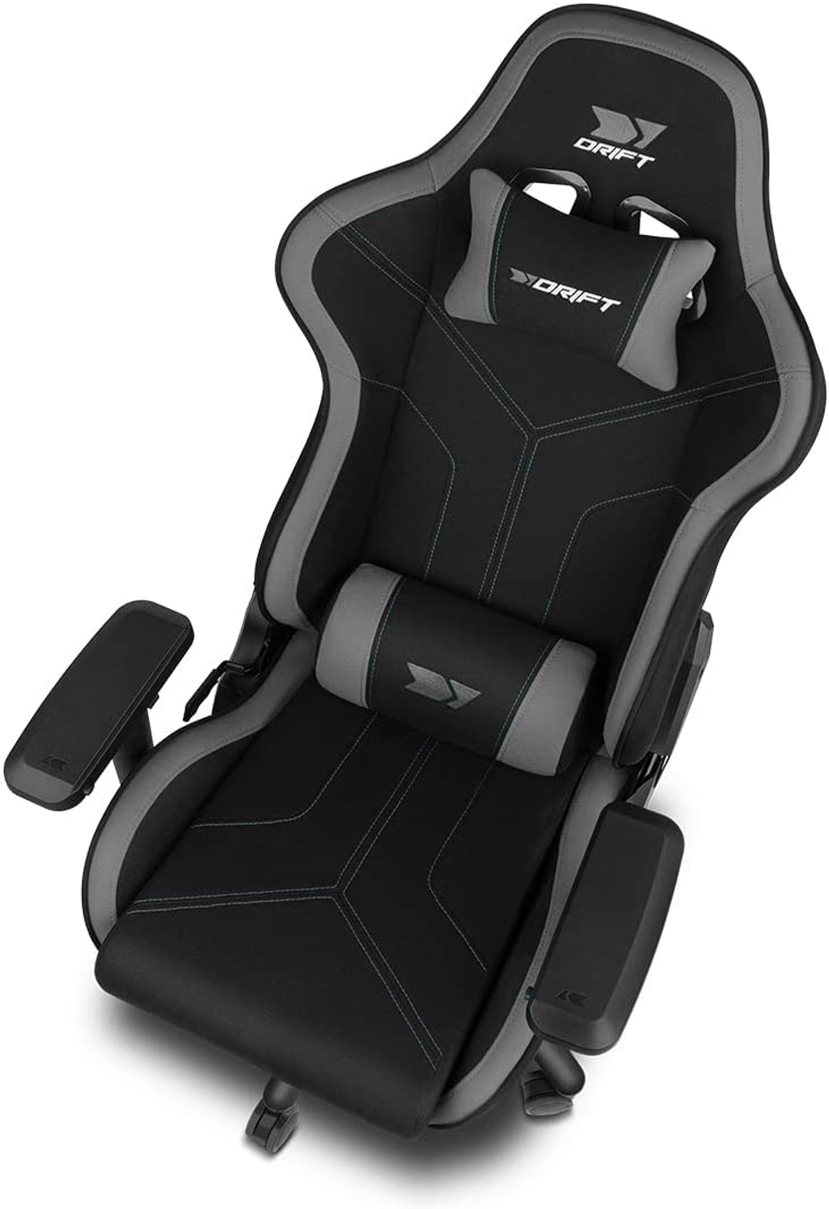 Silla gaming Drift negra y gris, vista desde arriba, con reposacabezas y reposabrazos.
