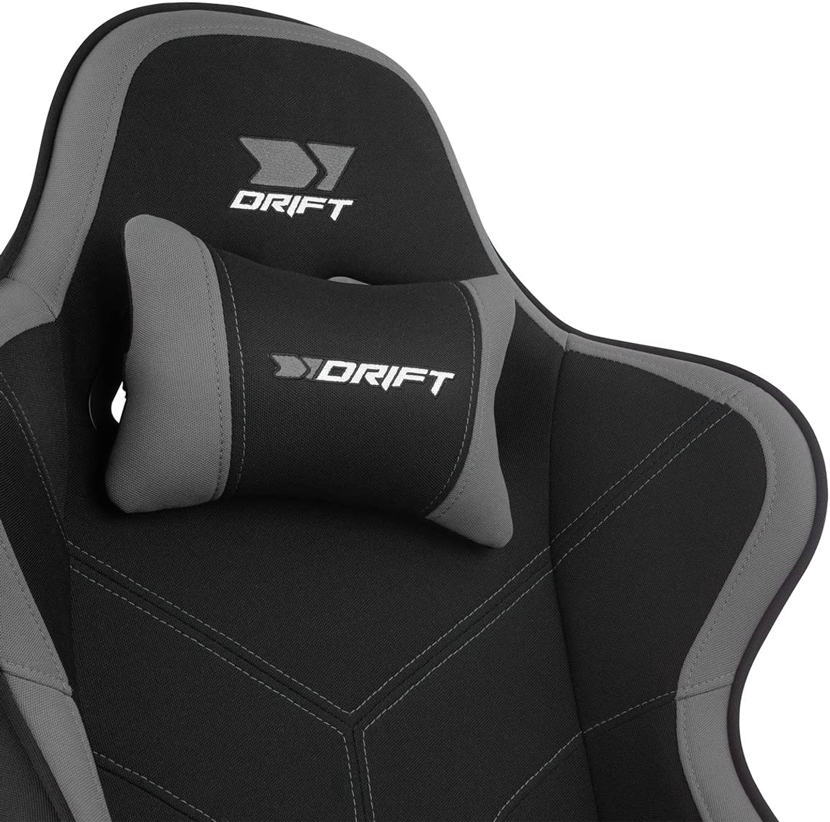 Silla gaming Drift negra y gris. El logo Drift está en el reposacabezas y la almohada.