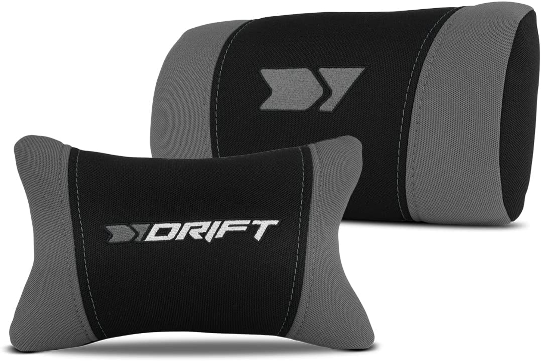 Dos cojines para reposacabezas de coche. Negros con detalles grises y logo 'DRIFT'. Fondo blanco.
