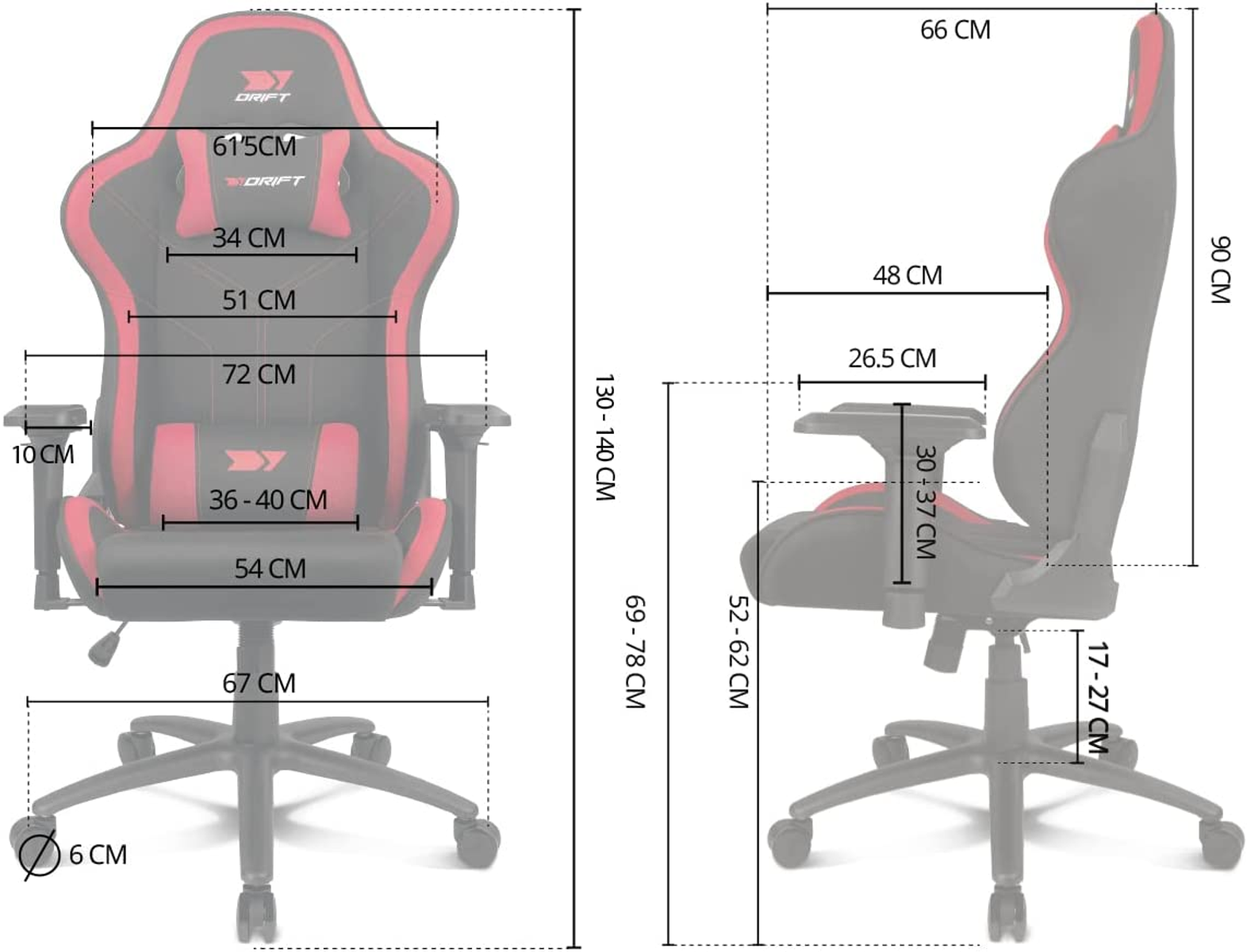 Silla gaming con detalles rojos y medidas. Base negra con ruedas.
