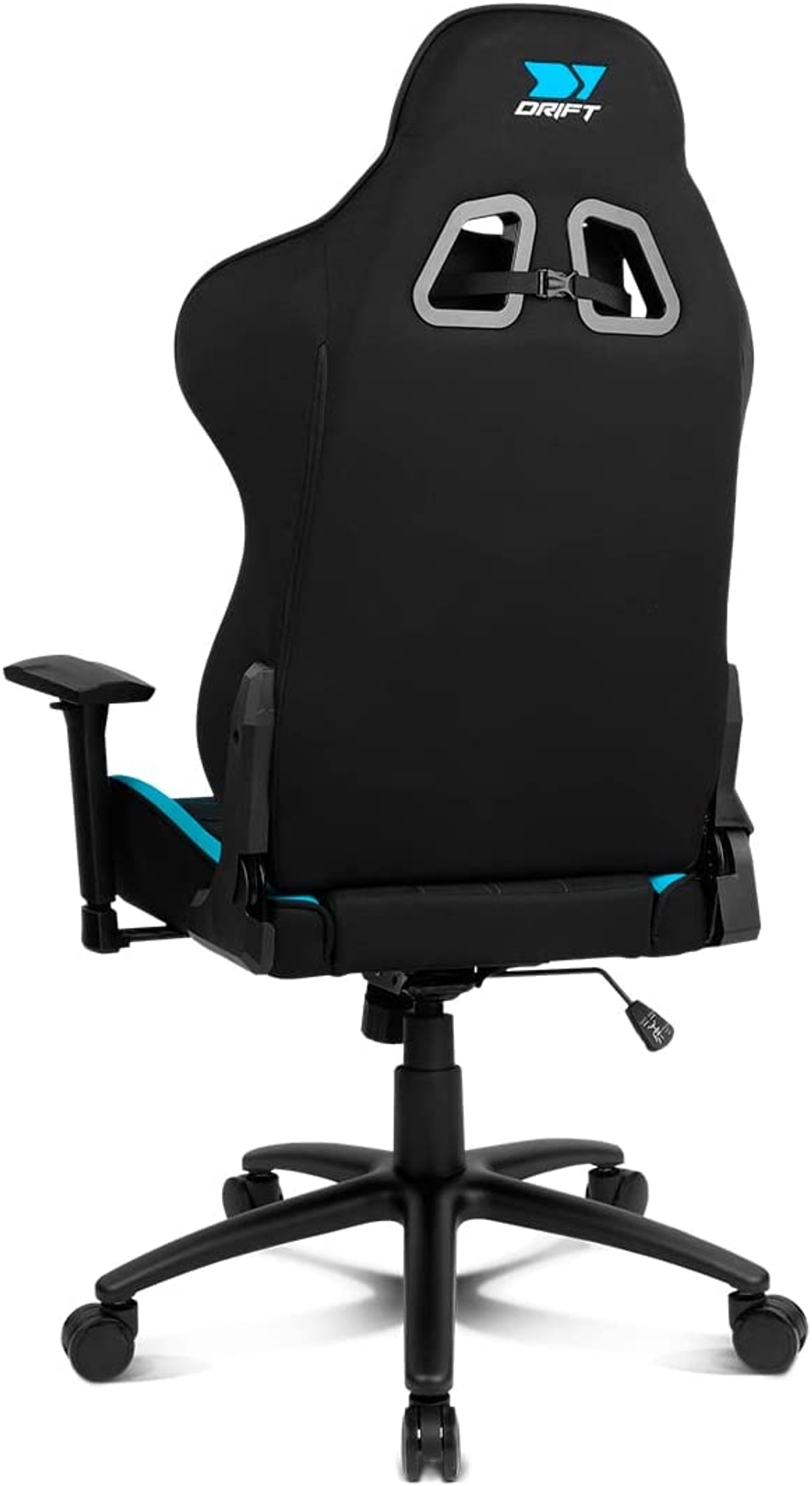 Vista trasera de una silla gaming negra y azul con el logo Drift y características ajustables.