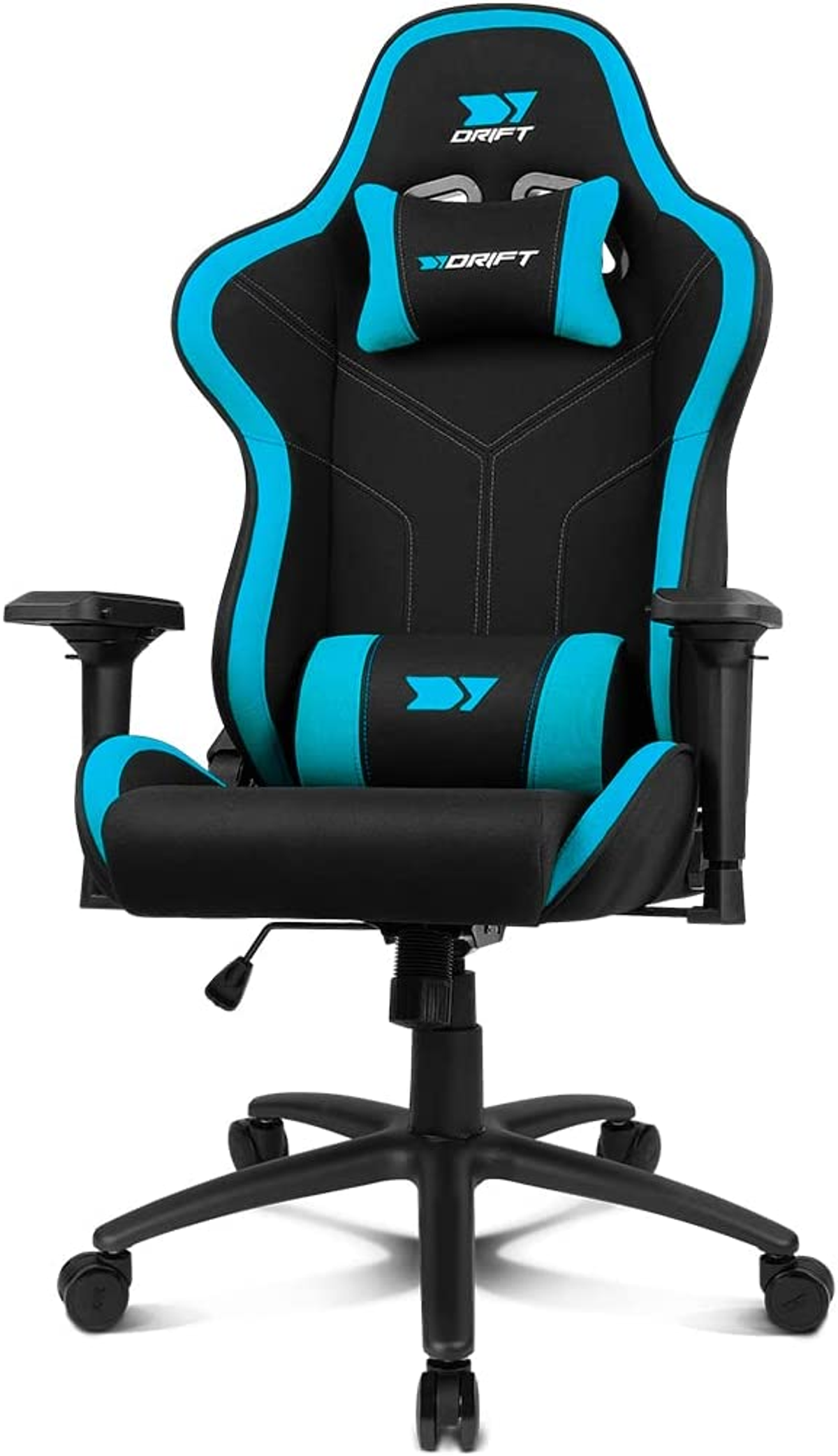 Silla gaming, negra con detalles azules. Tiene reposacabezas, soporte lumbar y reposabrazos.