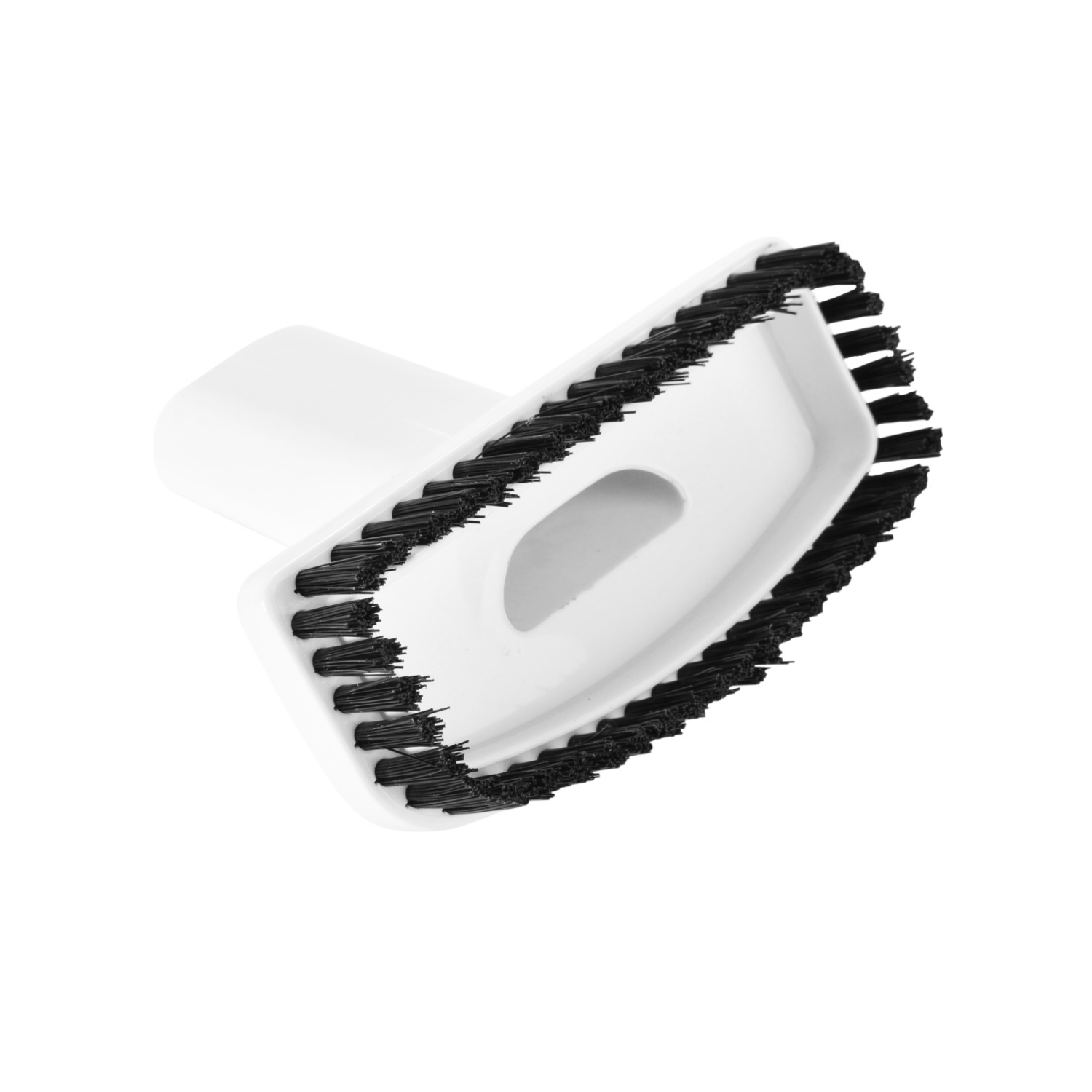 Cabezal de cepillo de aspiradora, blanco con cerdas negras, aislado sobre blanco.