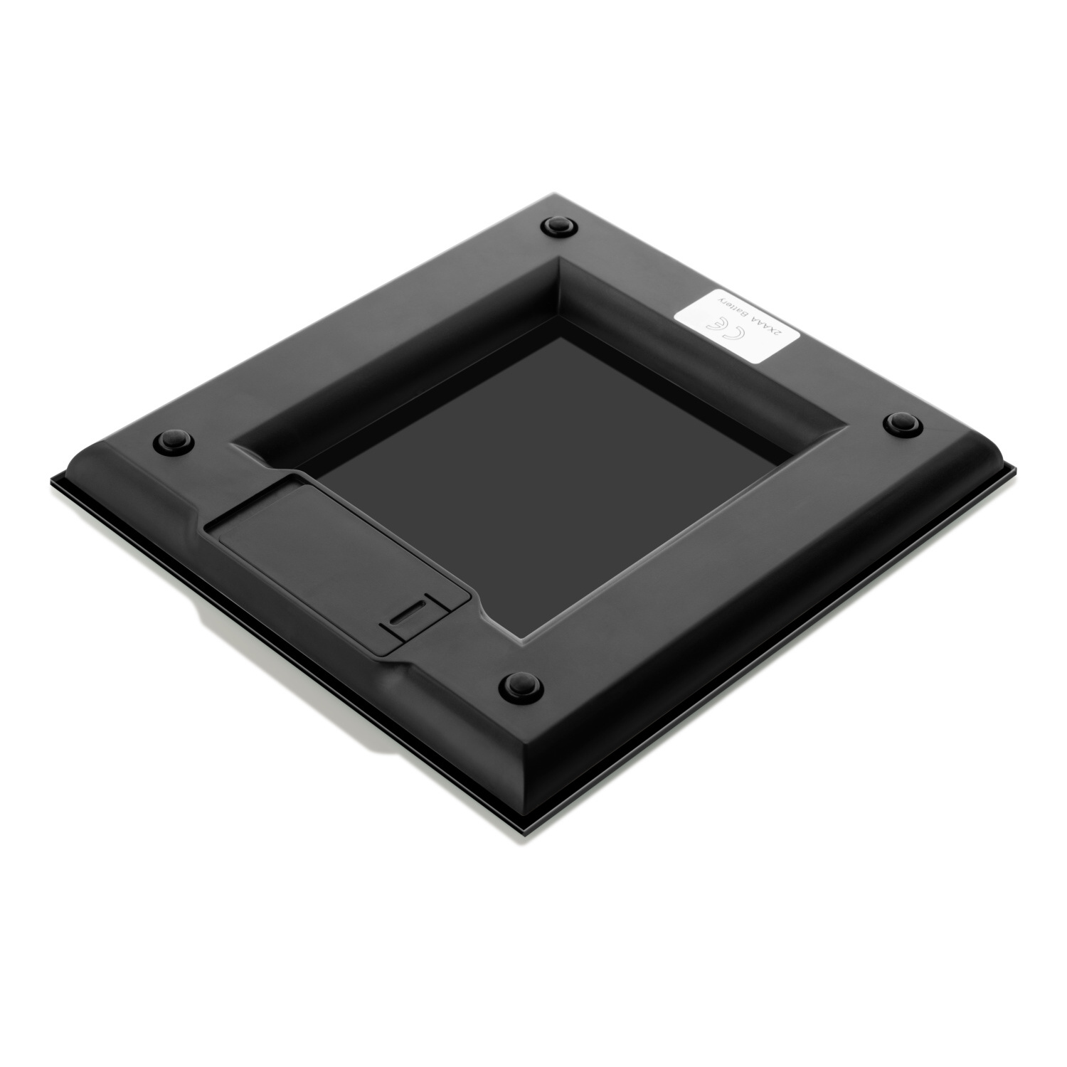 Eine schwarze Digitalwaage mit quadratischem Design und kleinem Batteriefach auf weißem Hintergrund.
