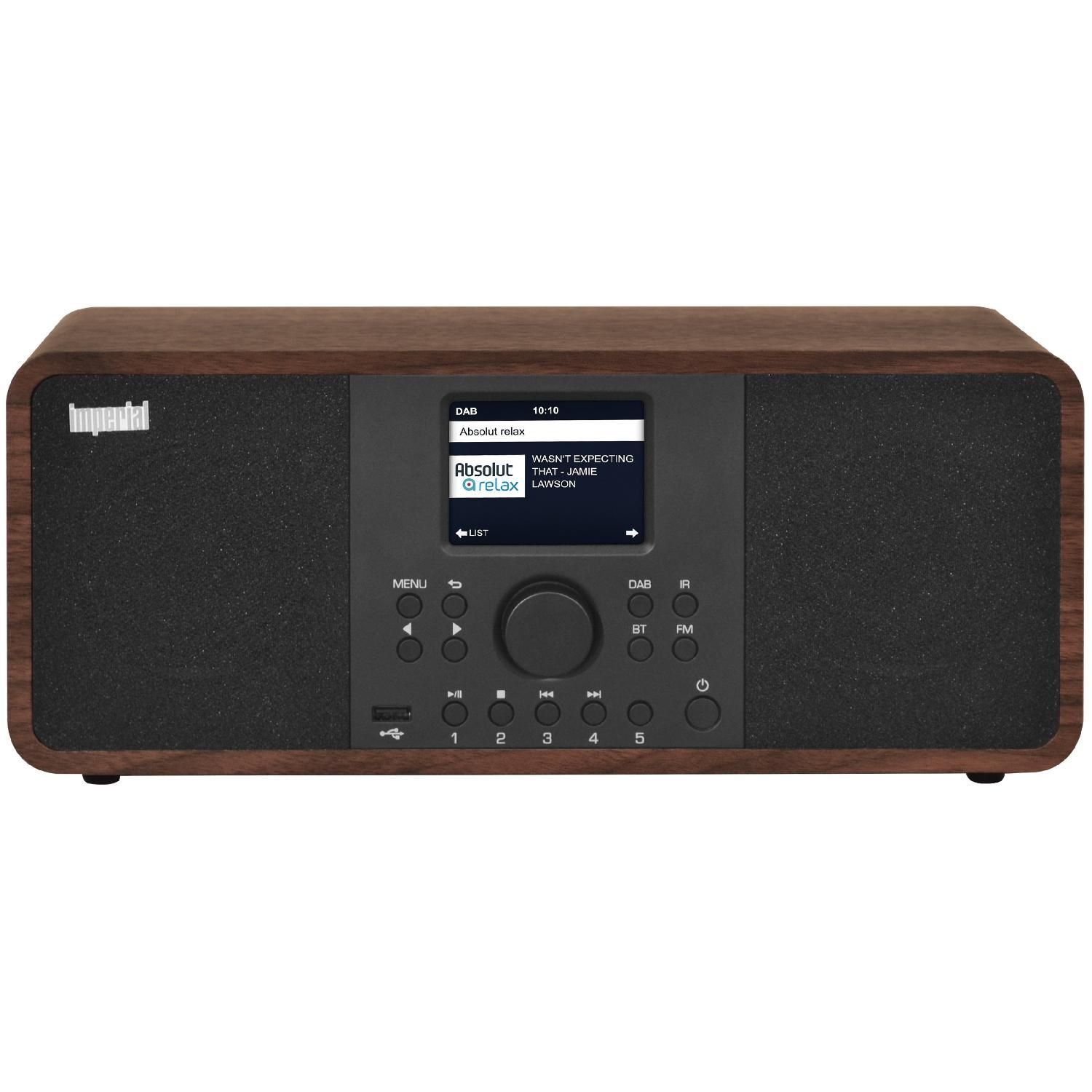 Drewniane radio Imperial z ekranem. Czarna tkanina głośnikowa. Przyciski i pokrętło. Białe tło.