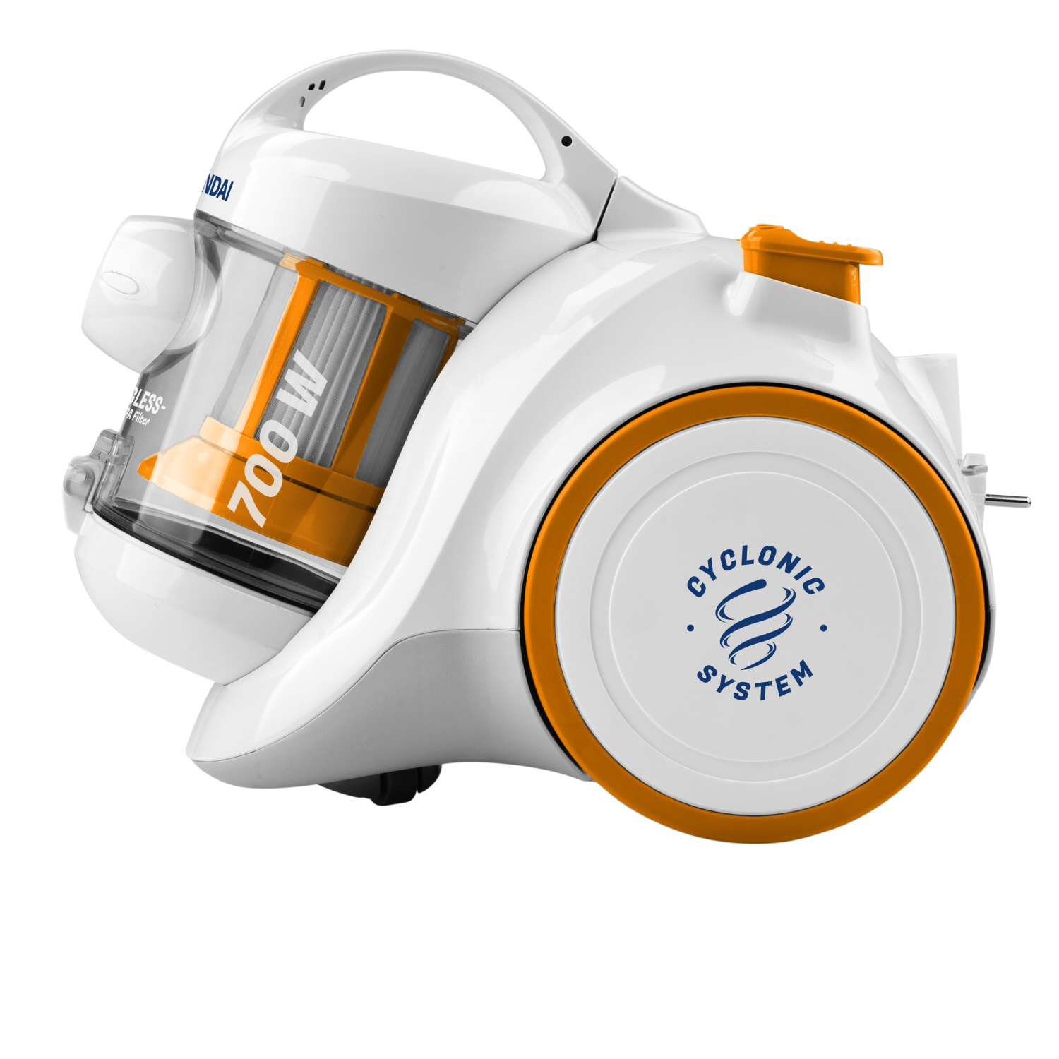 Ein weißer und orangefarbener Staubsauger mit der Aufschrift 'CYCLONIC SYSTEM' an der Seite.