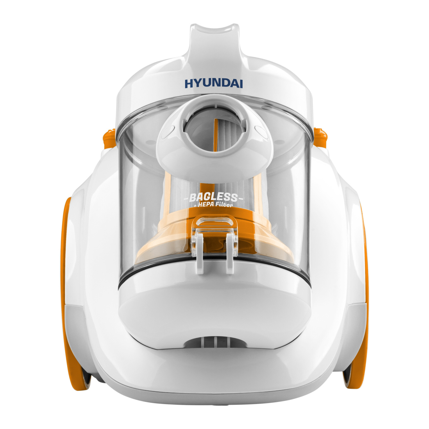 Ein weißer und orangefarbener Hyundai-Staubsauger mit transparentem Staubbehälter und HEPA-Filter.