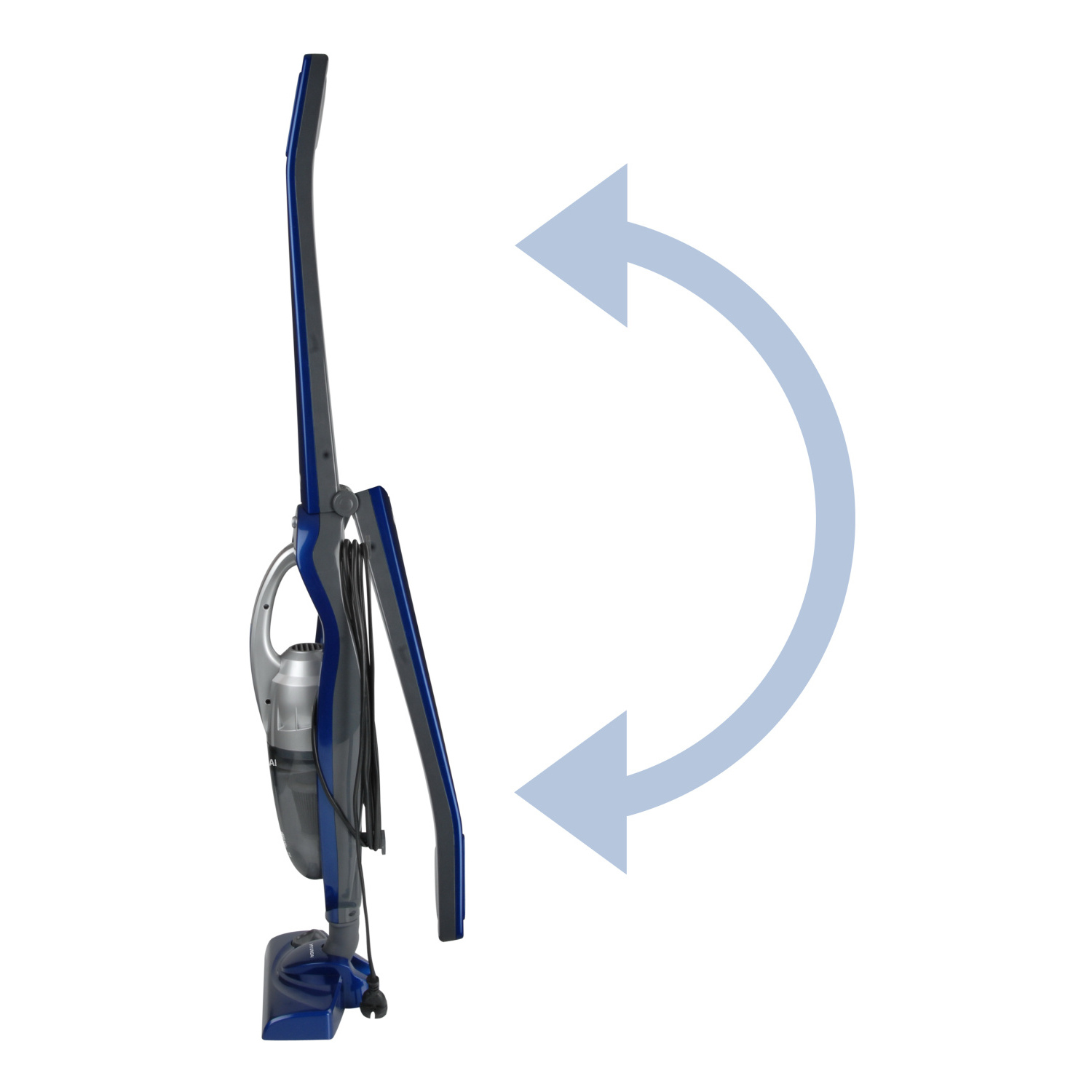 Un aspirapolvere verticale blu e grigio, mostrato di profilo, con una freccia curva che ne indica la capacità di piegatura.