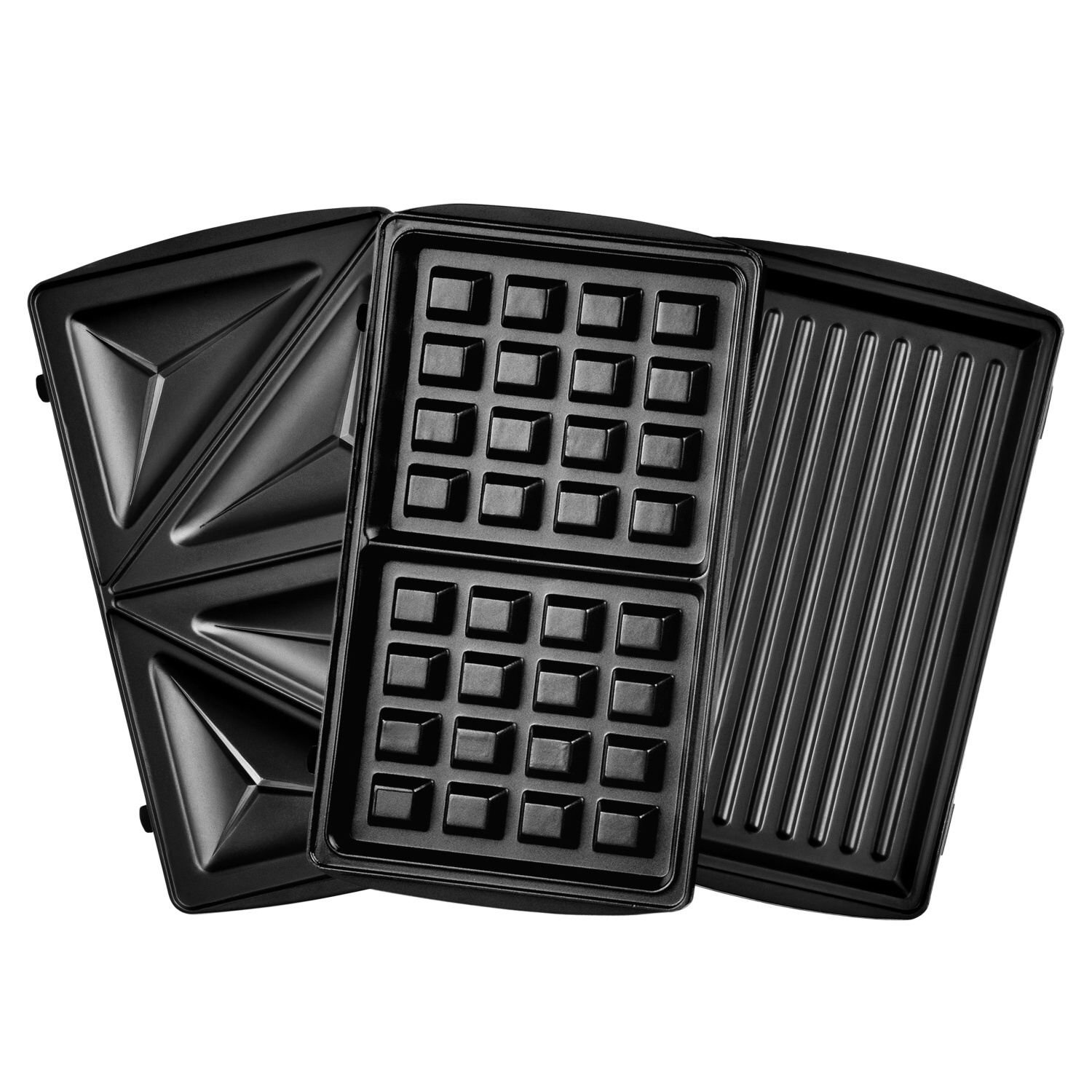 Drei schwarze Kochplatten. Eine für Waffeln, eine mit Rillen und eine für Sandwiches.