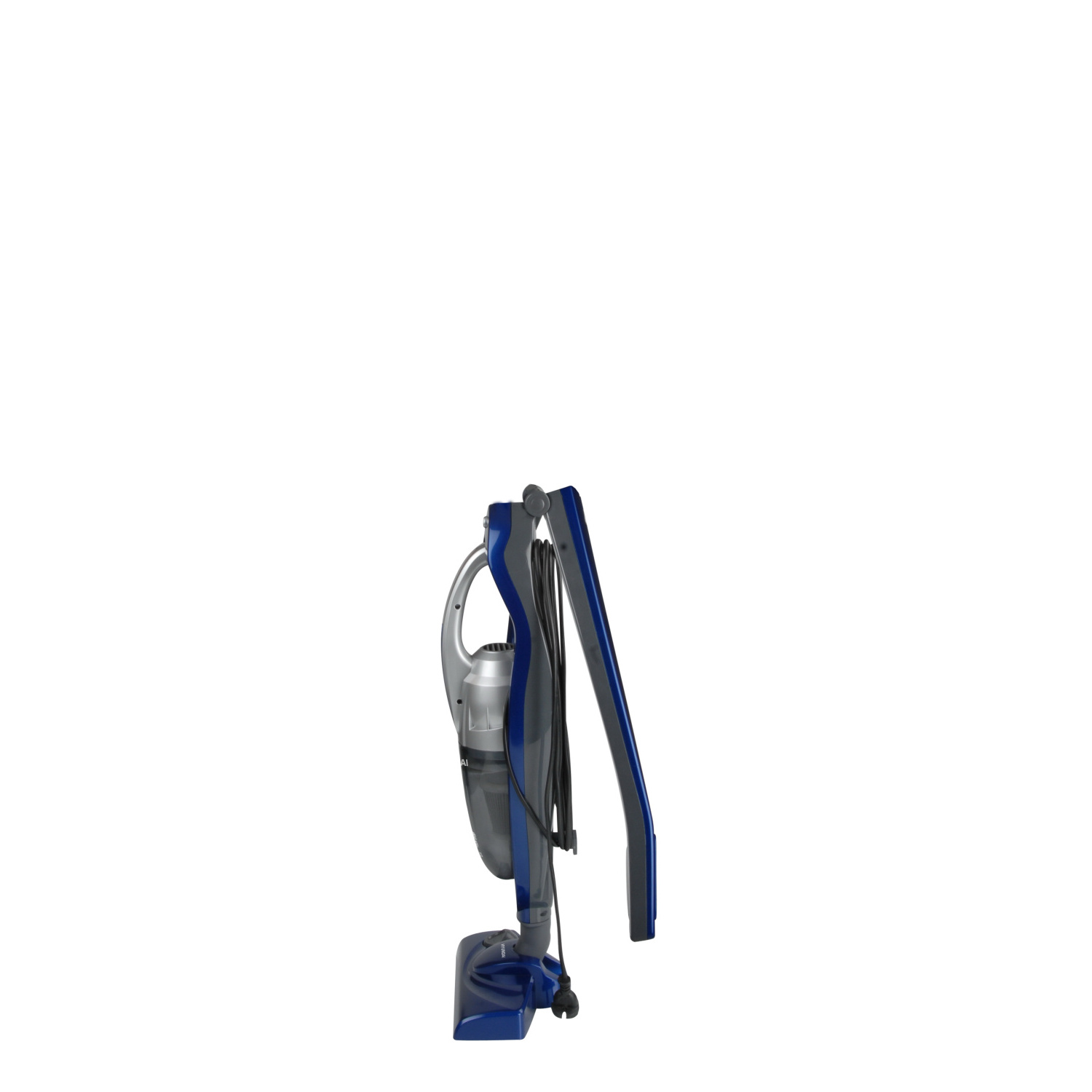 Un aspirapolvere portatile blu e grigio. Lo sfondo è bianco.