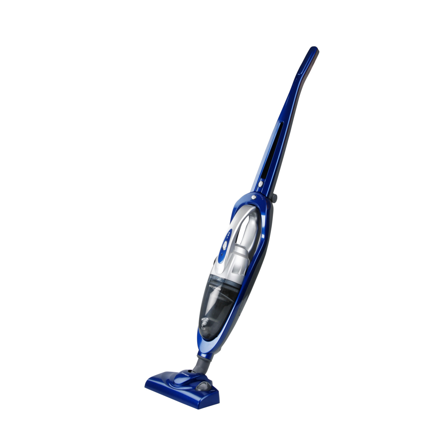 Un aspirapolvere portatile blu su sfondo bianco. È in posizione verticale.